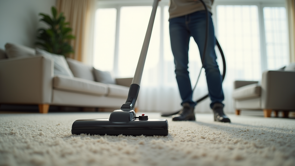 Eye-level view of a professional cleaner vacuuming a spacious living room