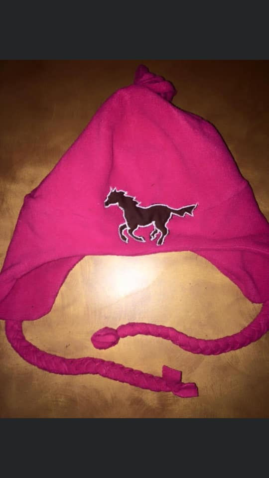 Thumbnail: horse pink fleece hat with ties