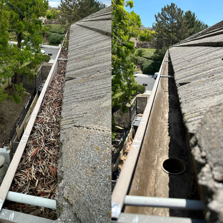 Before-and-after image of 2-story home gutters in Yorba Linda, California—left side shows gutters clogged with leaves and debris, while the right side shows clean, clear gutters ready for proper drainage.