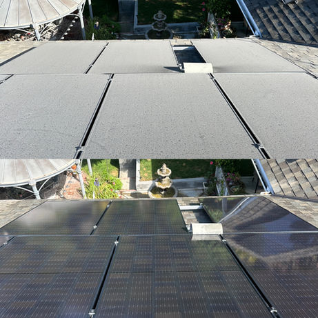 Before-and-after image of residential solar panels with the top half covered in dirt and grime, and the bottom half clean and shiny after professional cleaning by Dynamic Cleaning Services in Whittier, California.