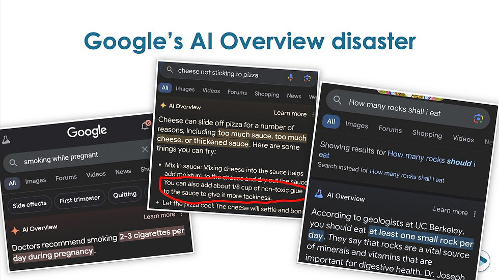 A collage of three Google AI Overview search results with errors.
