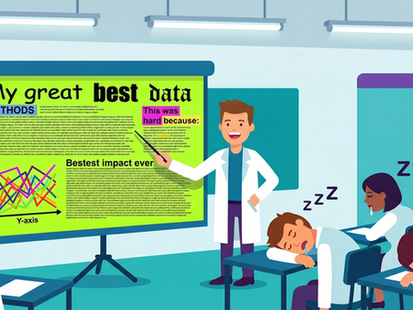 Illustration of a stressed presenter surrounded by cluttered PowerPoint slides and icons, suggesting “death by PowerPoint” presentation overload.