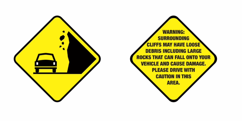 Two yellow signs: one shows falling rocks hitting a car, the other warns about loose debris from cliffs.