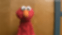 An animated GIF of the Muppet Elmo looking directly into the camera with a wide-eyed, startled, and frozen expression, as if he has just seen something shocking or confusing.
