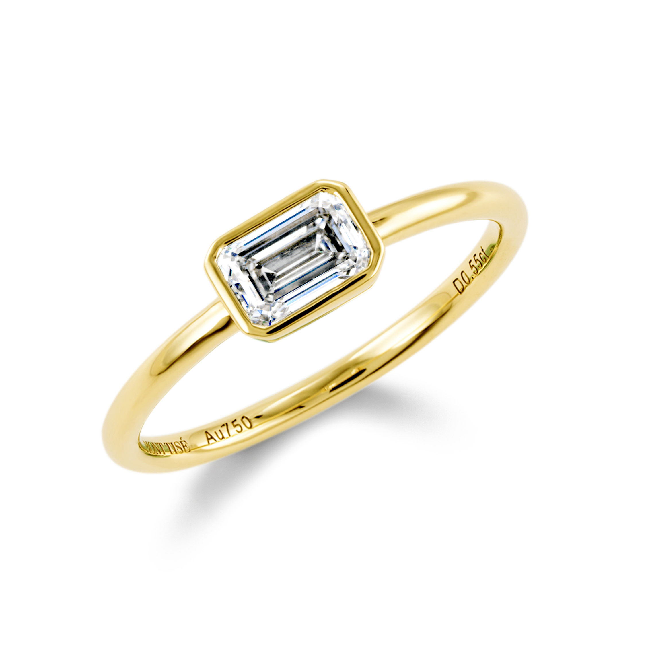 East-West Bezel Set Emerald Cut Natural/Lab Diamond Solitaire Ring | Yellow Gold