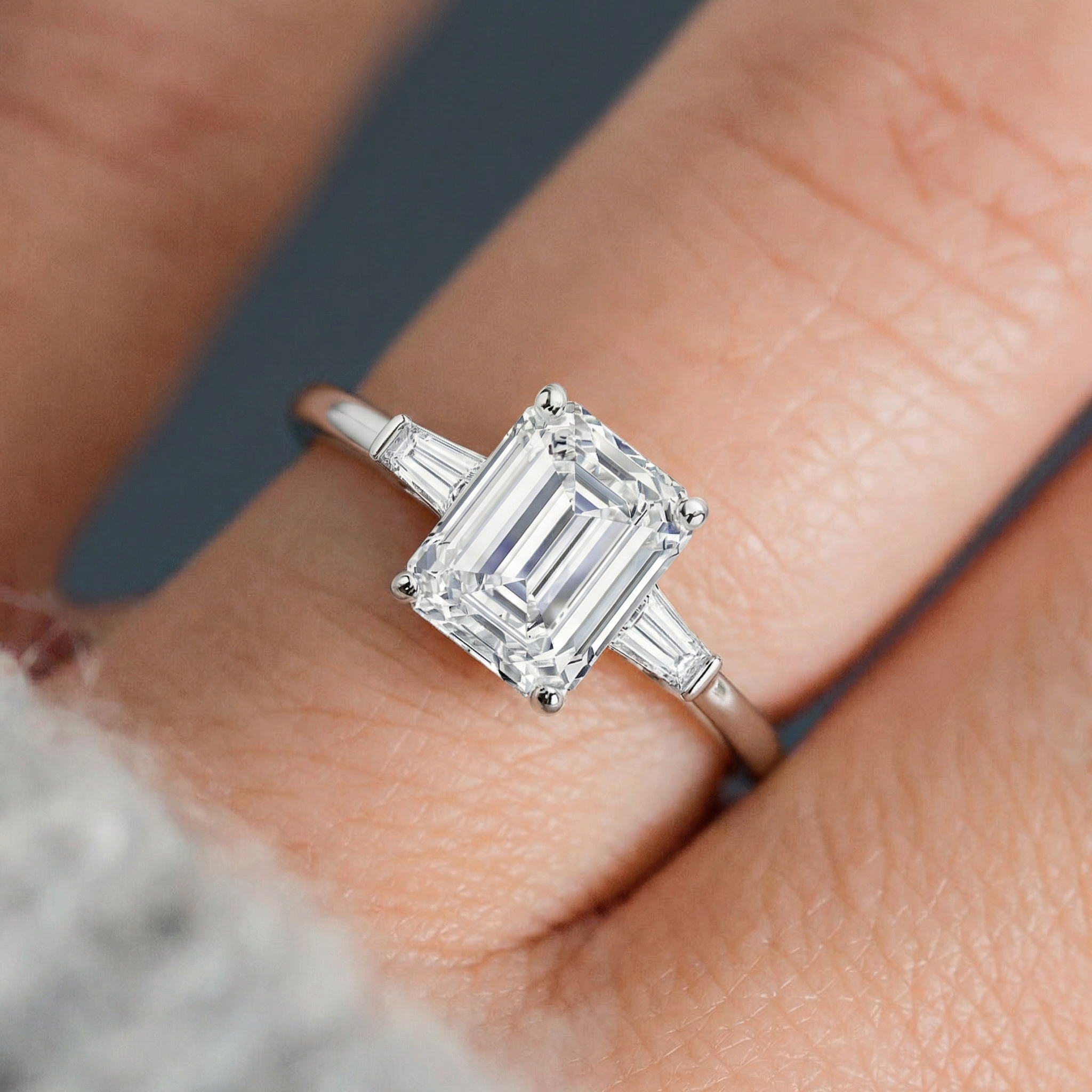Emerald Cut Diamond Engagement Ring with Tapered Baguette Side Stones