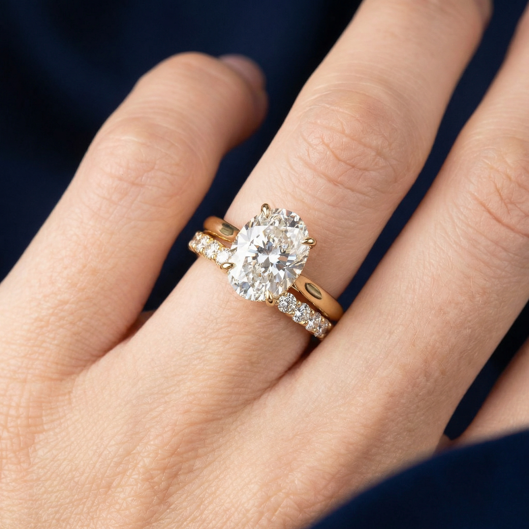 Oval Cut Diamond Engagement Ring Set with Hidden Halo & Eternity Band
