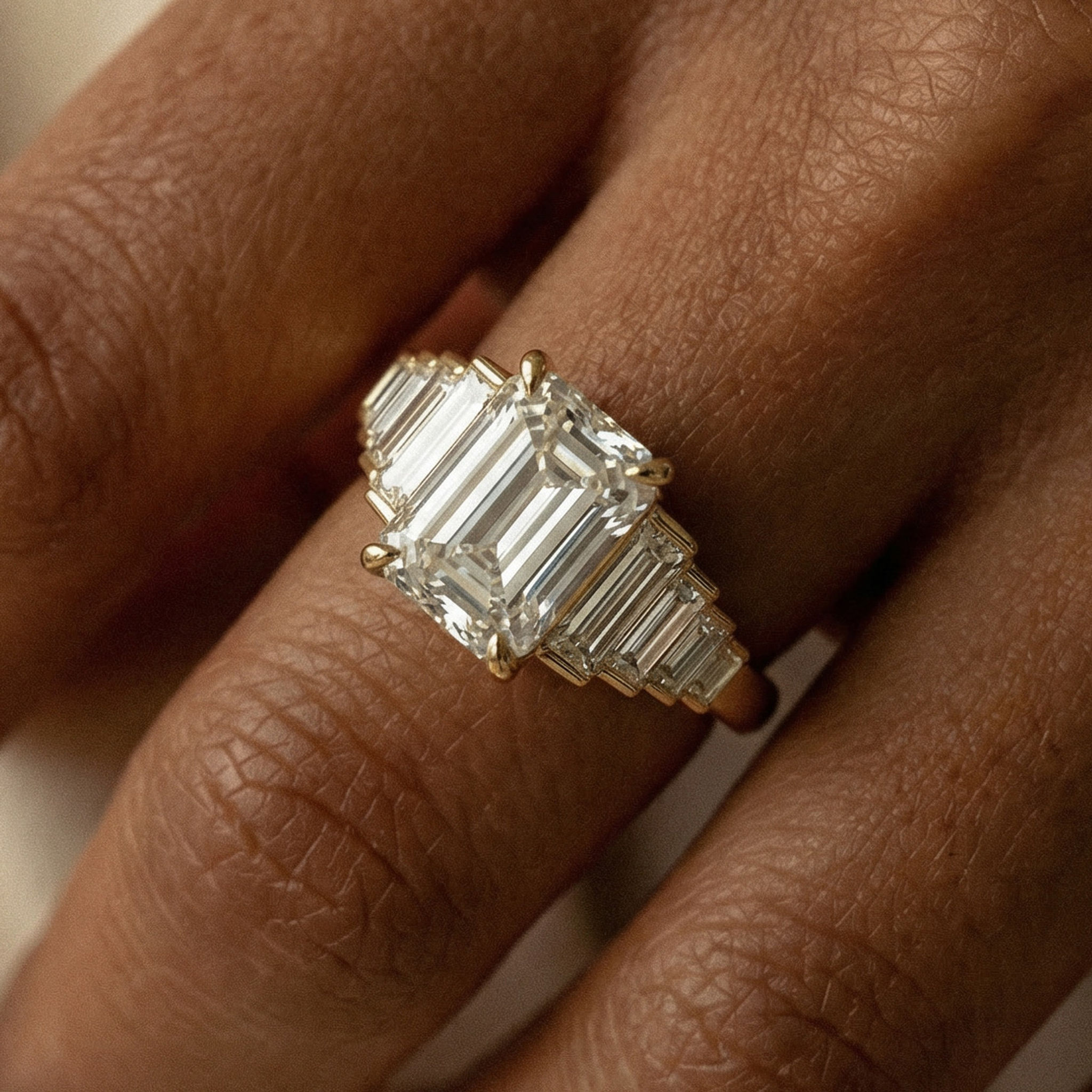 Emerald Cut Diamond Engagement Ring with Graduated Baguette Side Stones