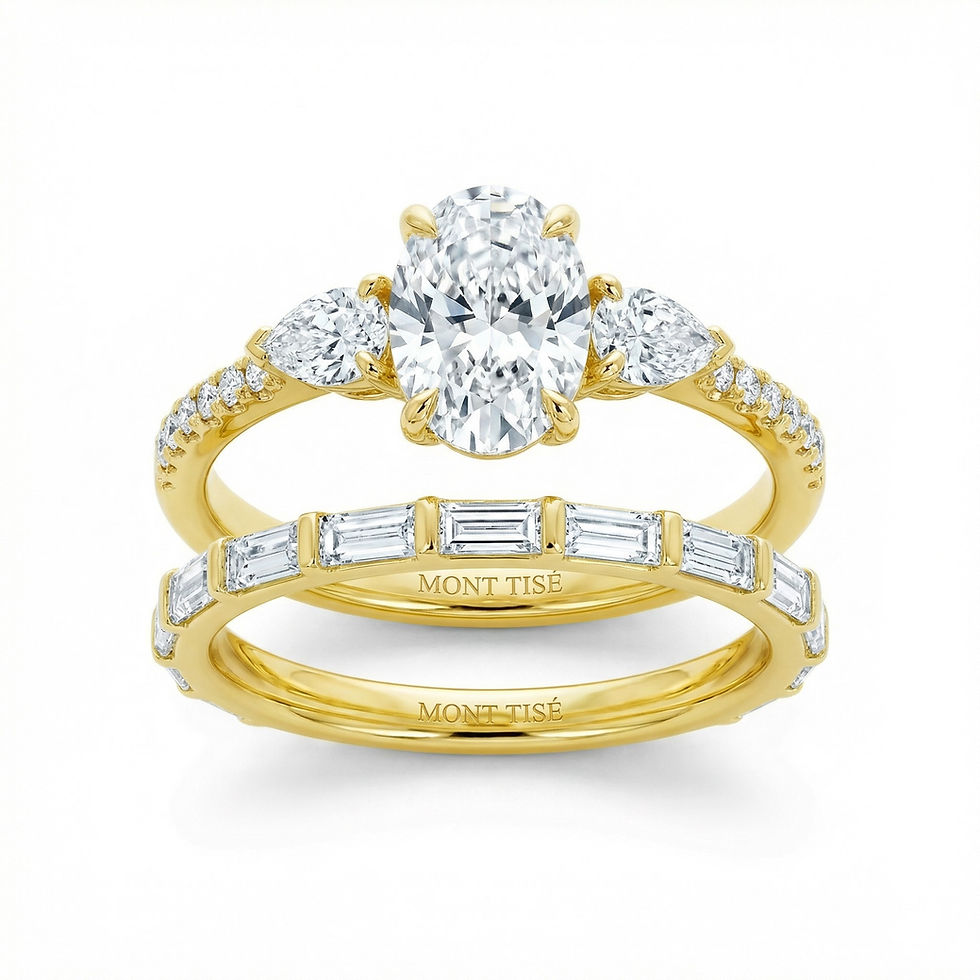 Thumbnail: Oval & Pear Three-Stone Engagement Ring Set with Bar-Set Baguette Band