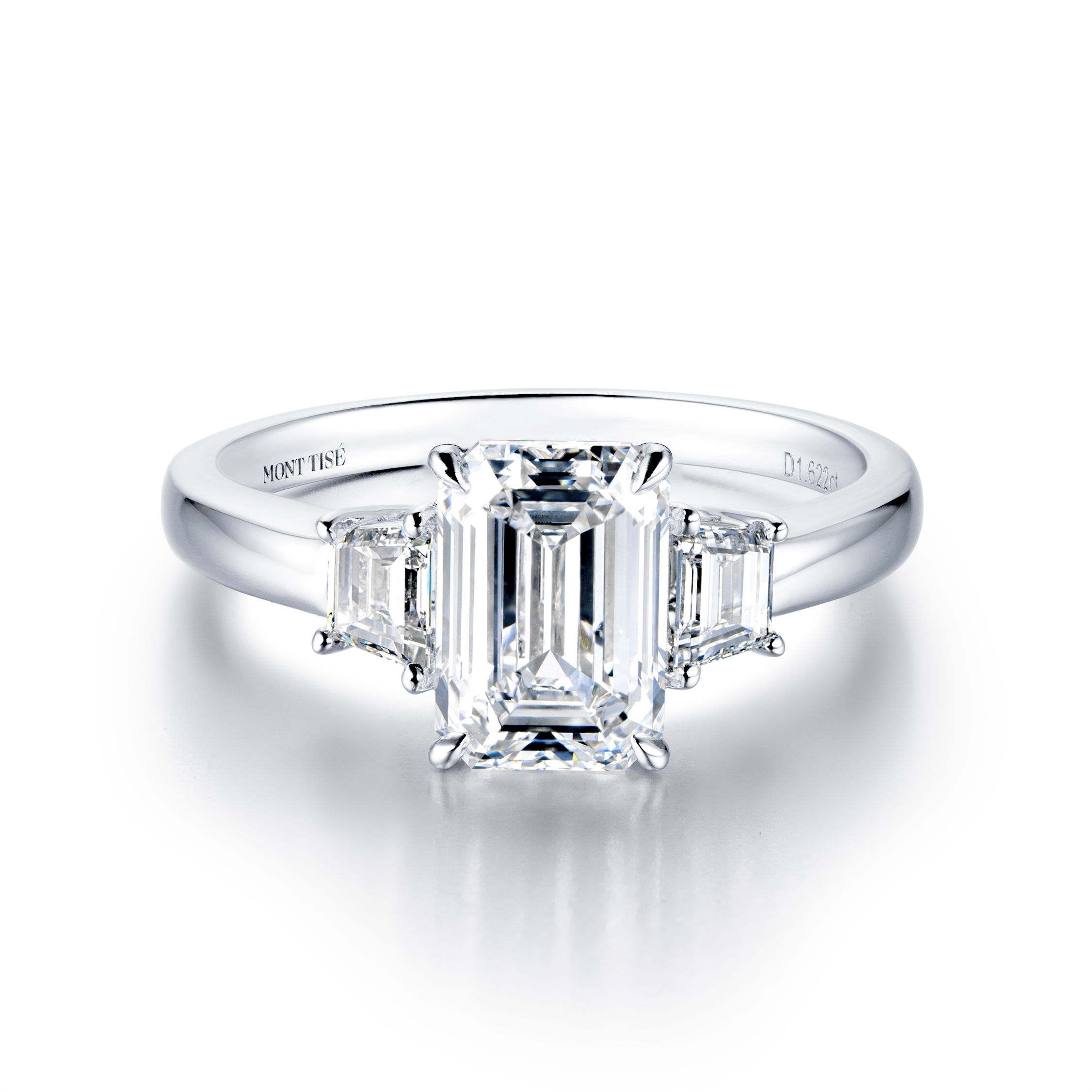 Emerald Cut Three-Stone Diamond Ring with Trapezoid Side Stones