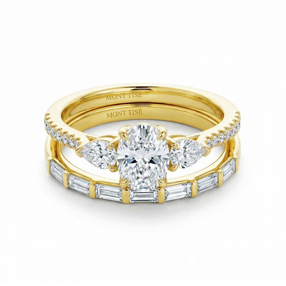 Thumbnail: Oval & Pear Three-Stone Engagement Ring Set with Bar-Set Baguette Band