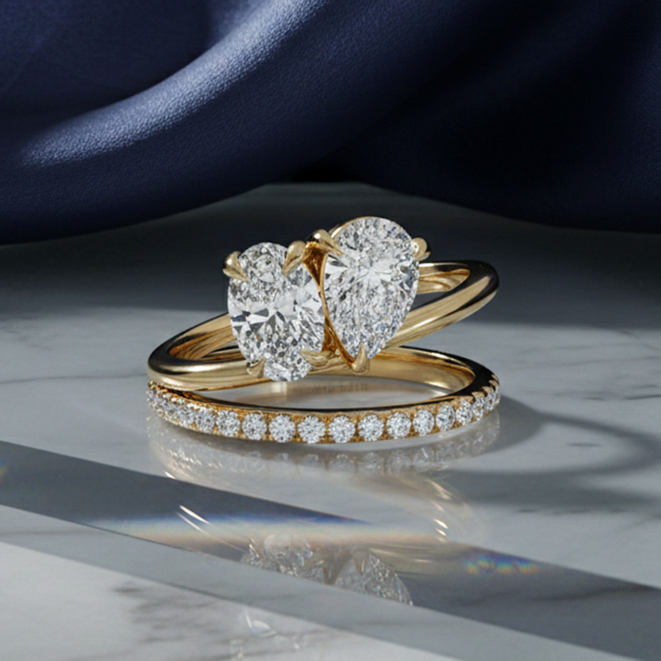 Morden Pear & Oval Cut Diamond Toi et Moi Ring with Double Band |18K Yellow Gold
