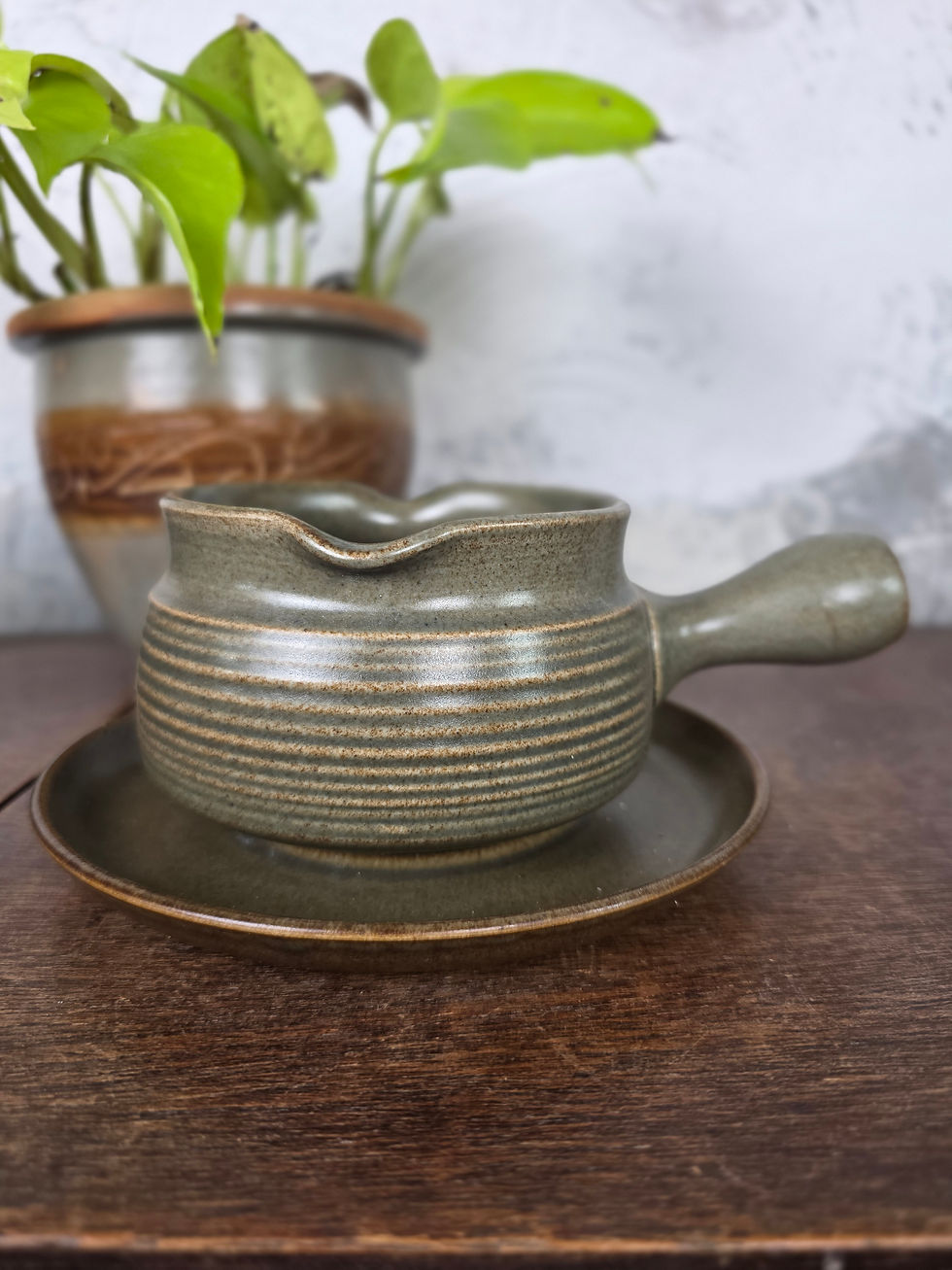 Langley Sherwood Sauce Jug with Saucer – Olive Stoneware c.1960s