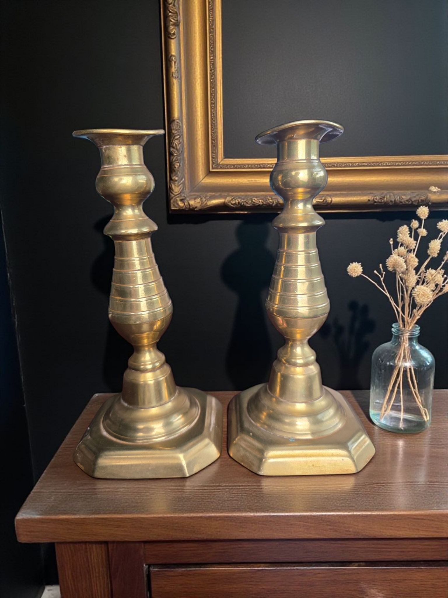 Vintage Brass Candlestick Pair W. Stepped Base Traditional Turned Candle Holders