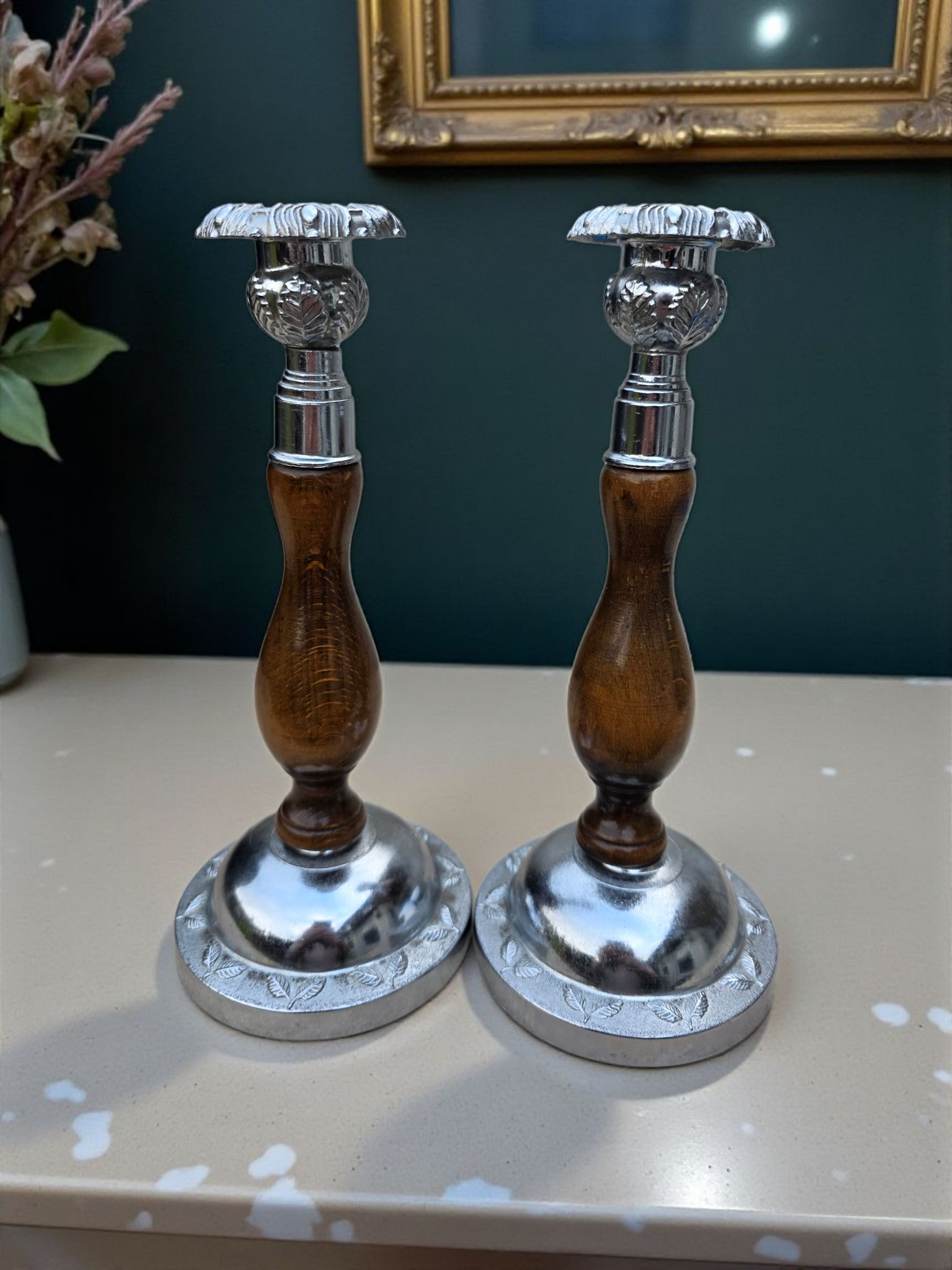 Art Deco Oak Candlesticks with Ornate Chrome Bases | Vintage Candle Holders