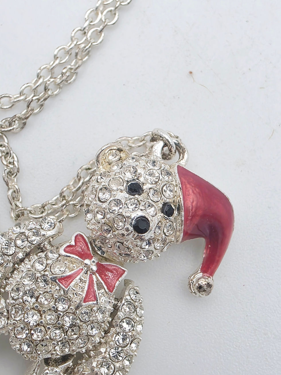 Thumbnail: Y2K Rhinestone Articulated Teddy Bear Necklace Red Enamel Santa Hat Pendant