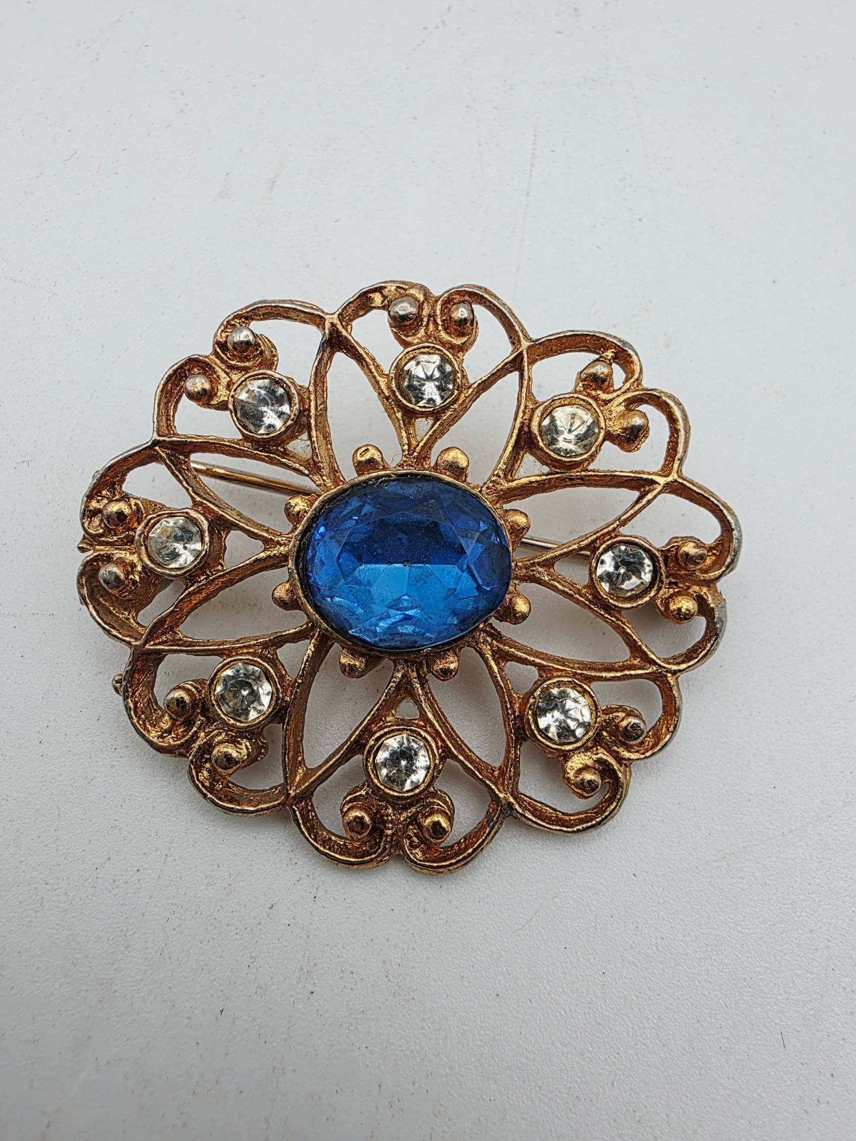 Antique Victorian Czech Blue Glass Filigree Brooch C Clasp Gilt Pin