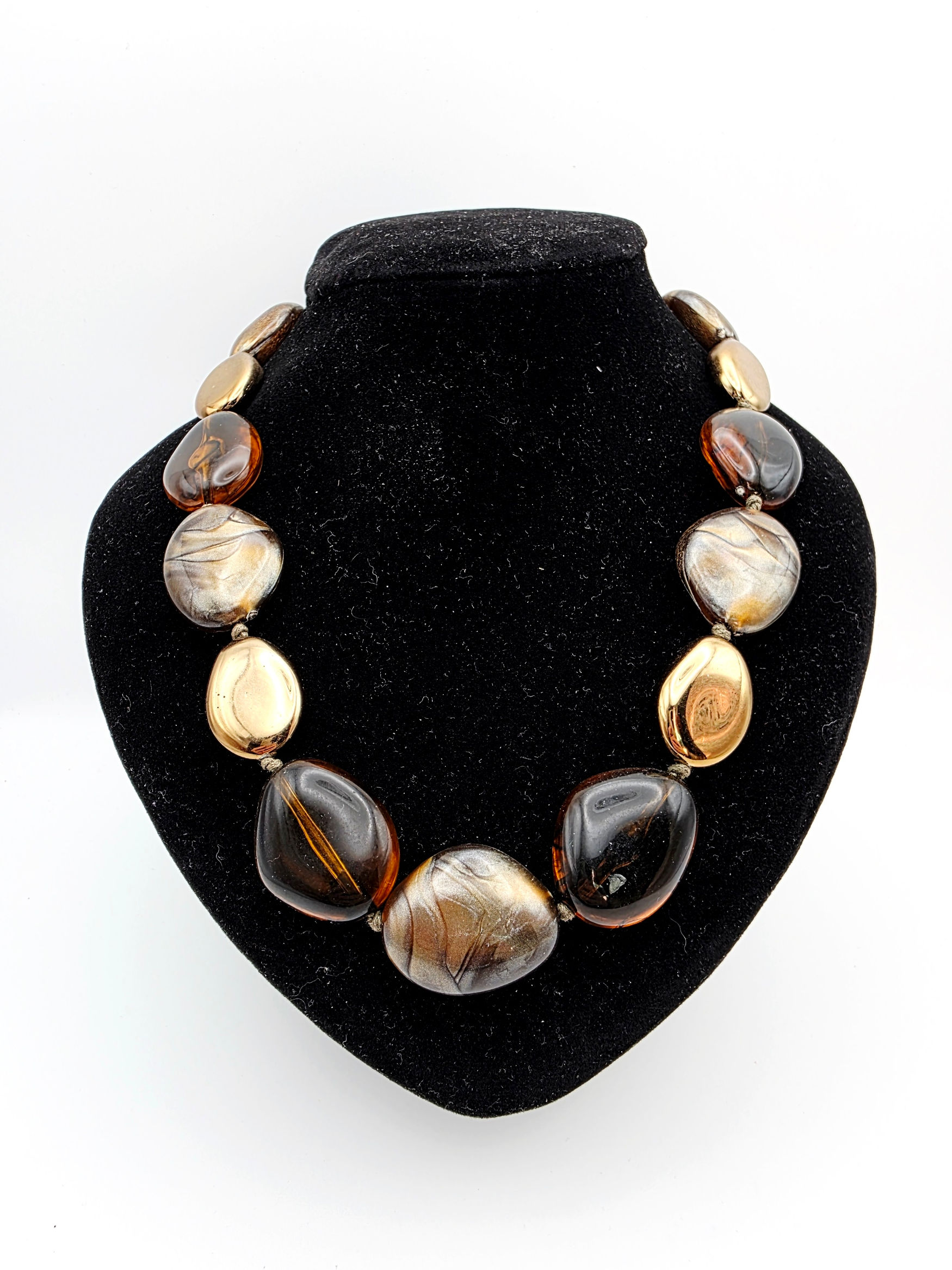 Chunky Amber Tone Resin Pebble Bead Necklace Hand Knotted