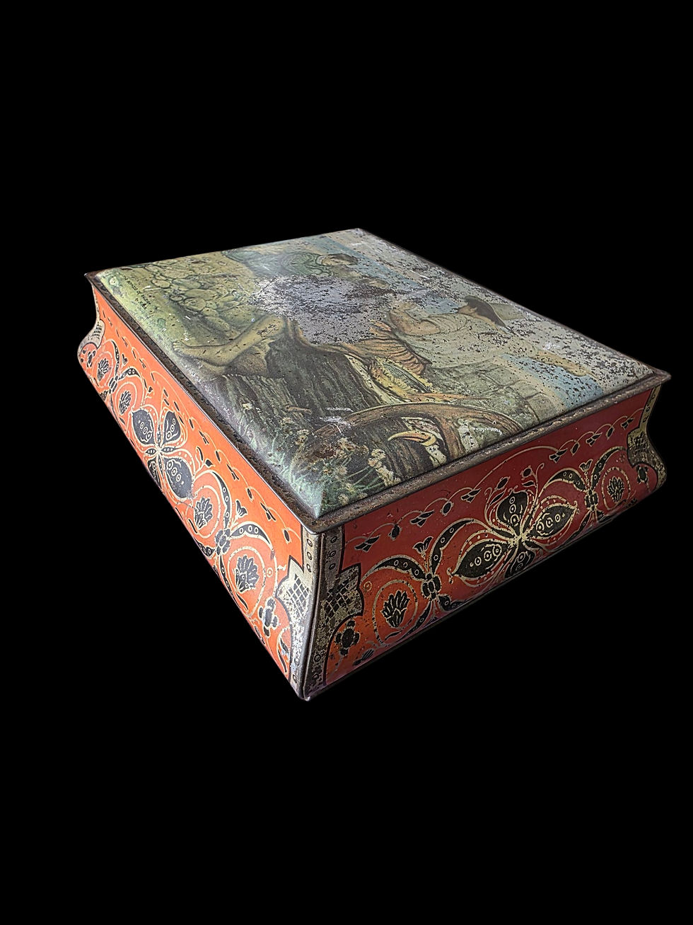 Antique Art Nouveau Biscuit Tin with Classical Lady Scene & Floral Design
