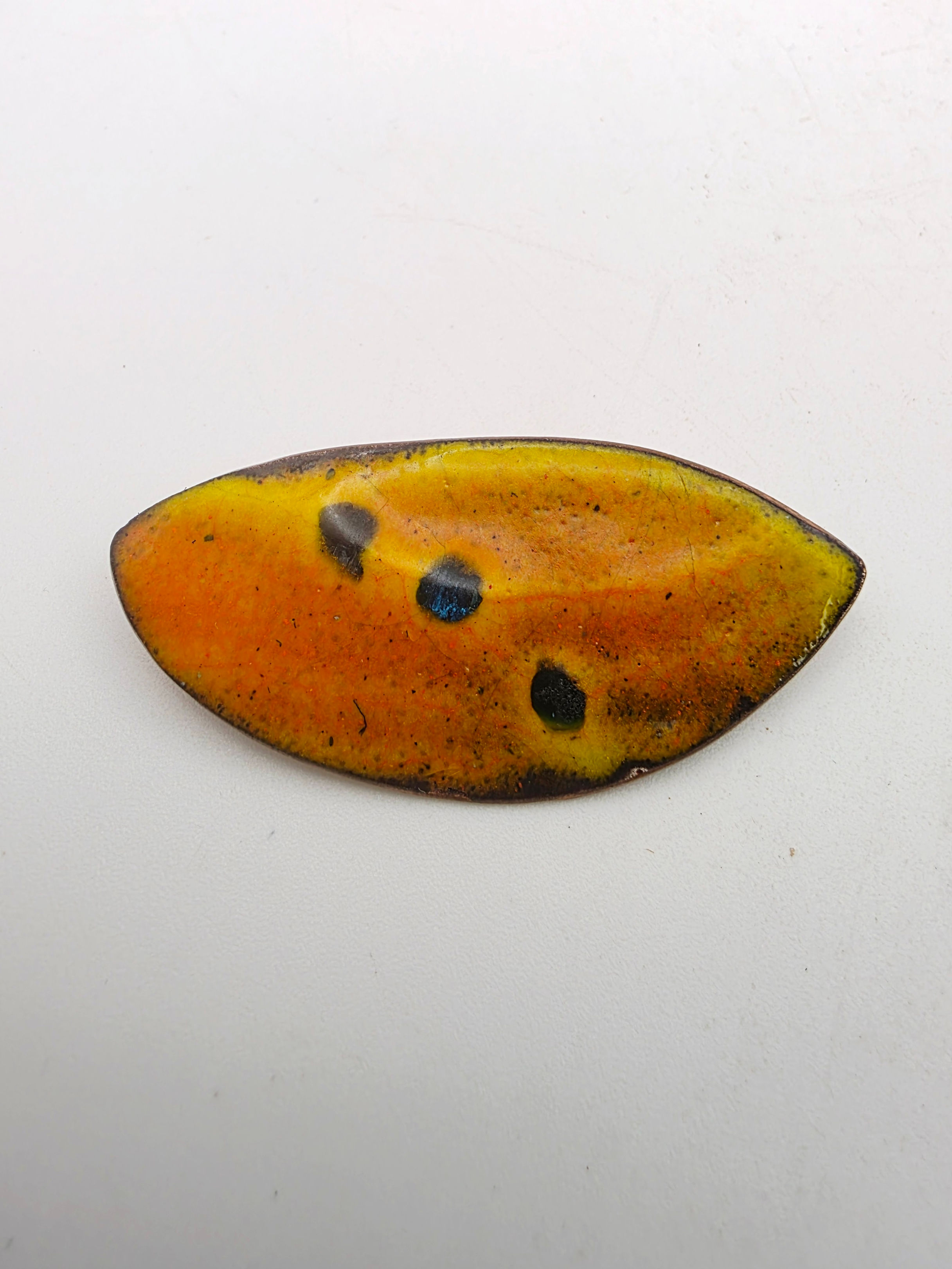 Vintage Abstract Enamel Copper Brooch Pin MCM Speckled Orange Yellow 1960s 1970s