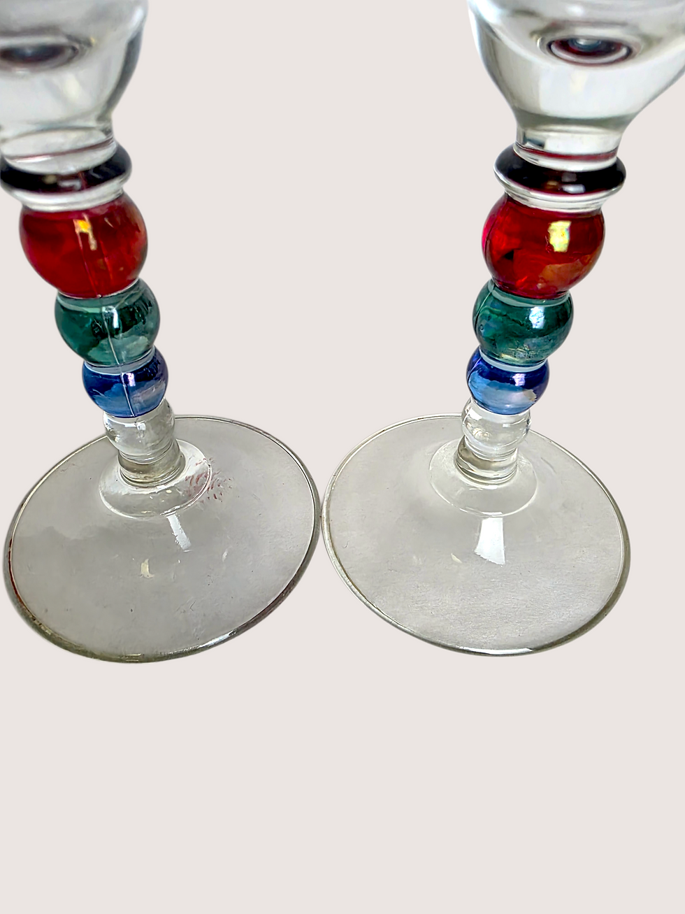 Thumbnail: Mid Century Multi-Color Triple Ball Stem Champagne Flutes - Pair