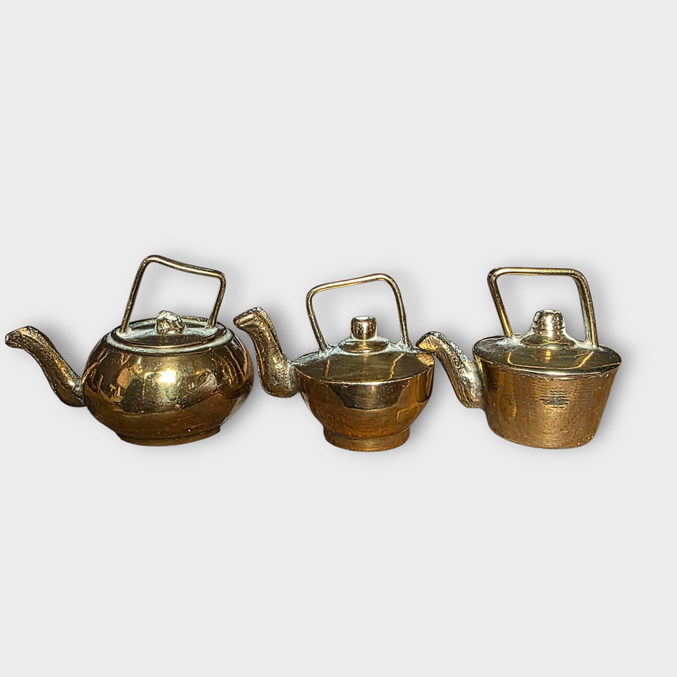 Thumbnail: Vintage Miniature Brass Teapot Set with Six Kettles on Tray