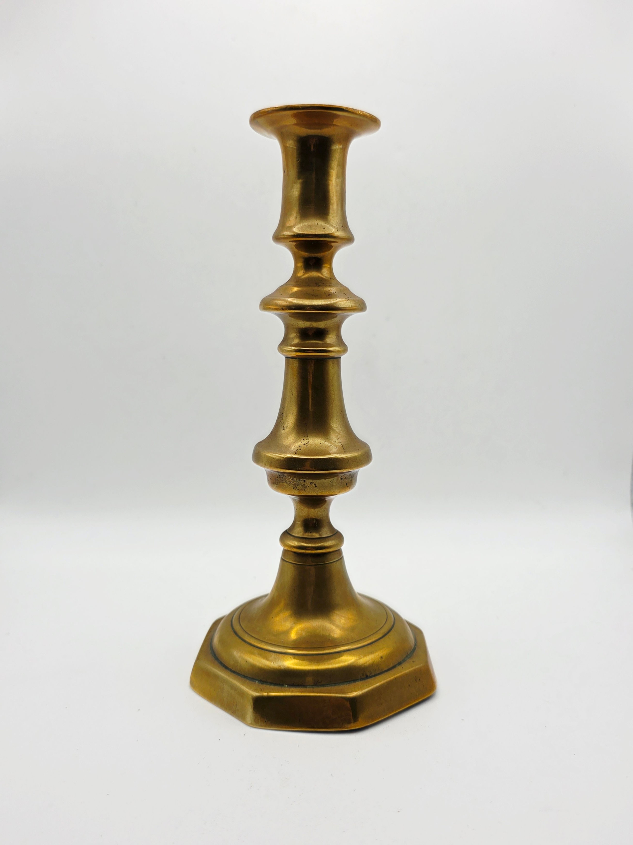 Antique Victorian Cast Brass Candlestick Octagonal Base Baluster Decor