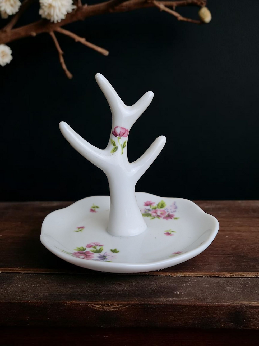 Vintage Ceramic Jewellery Holder Ring Tree – Floral Trinket Dish