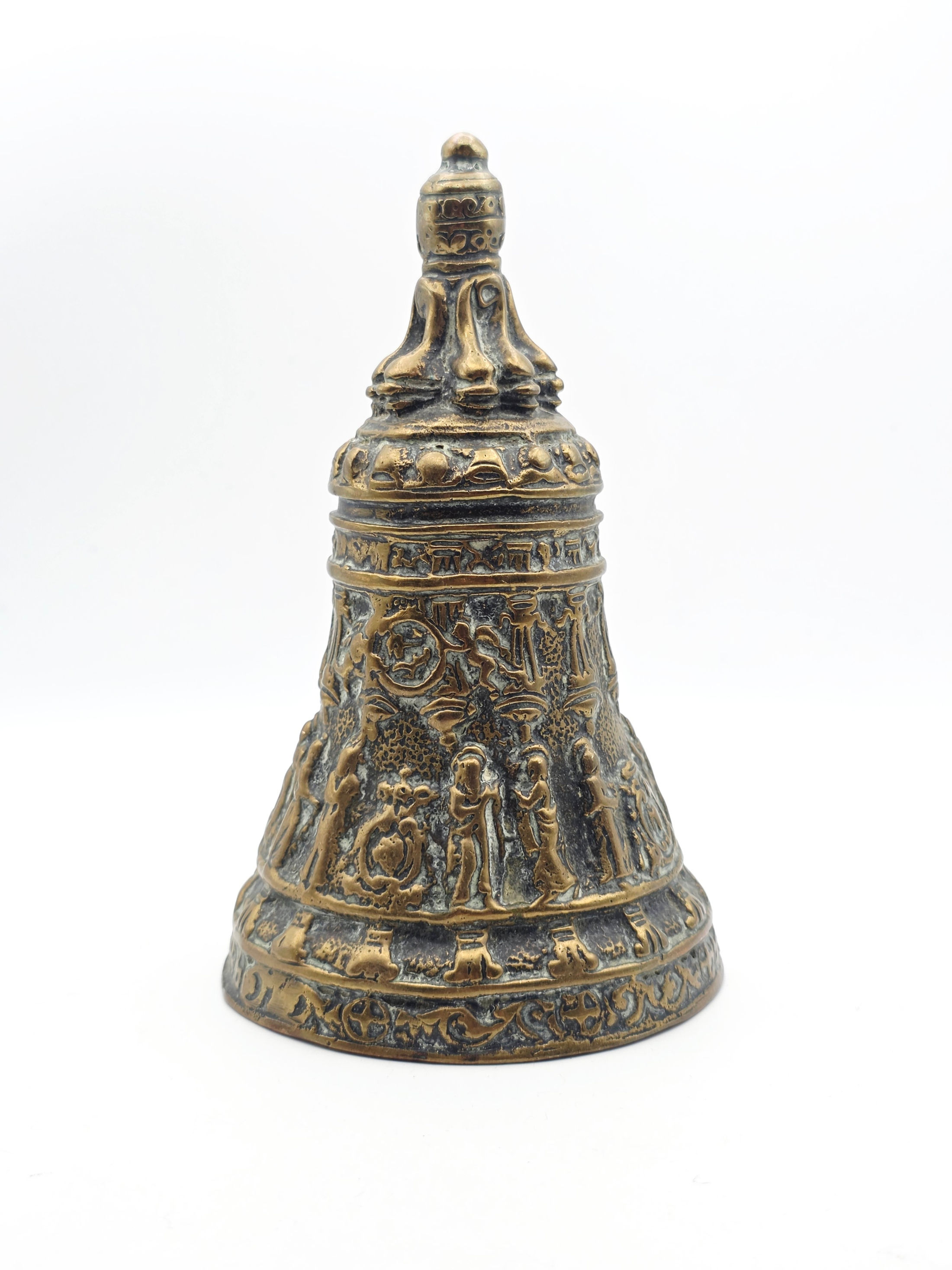Full view of a late 19th century antique bronze St Peter's Basilica bell reproduction with Latin inscription.