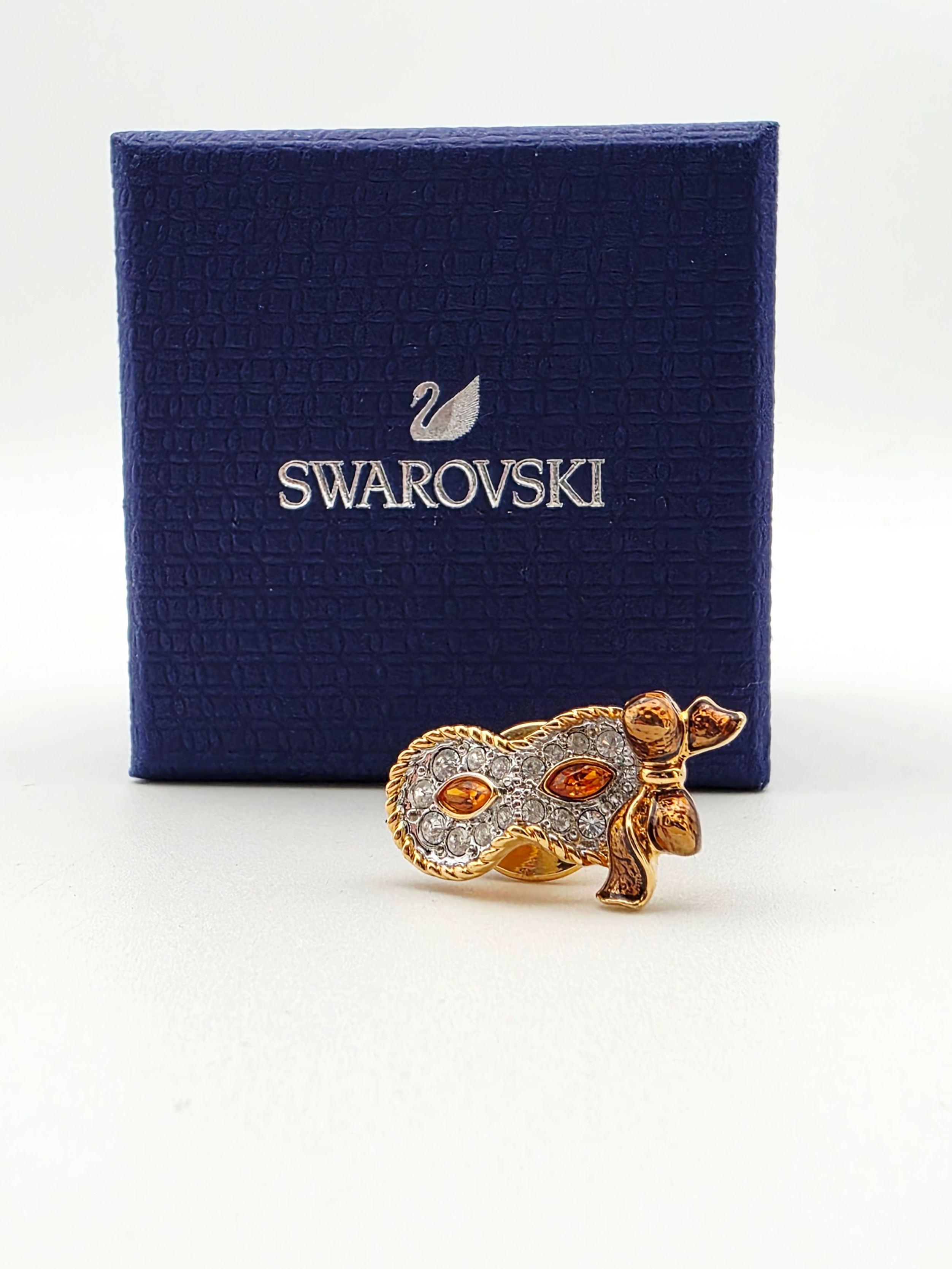 Vintage Swarovski Masquerade Mask Pin Brooch Boxed Gold Tone Amber 2.4cm