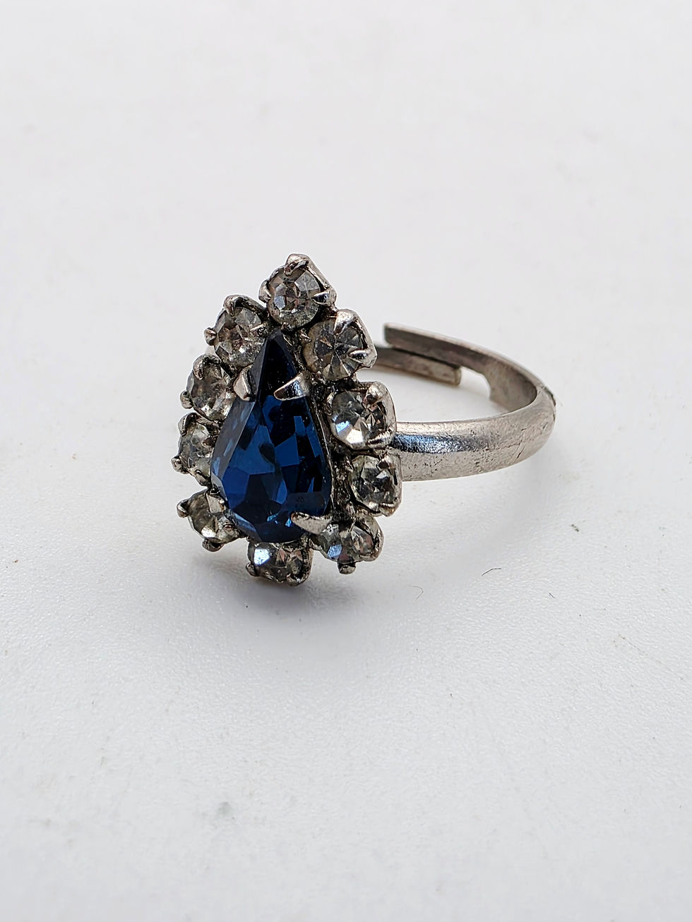 Thumbnail: Vintage Silver Tone Blue Rhinestone Cluster Ring Adjustable Size K