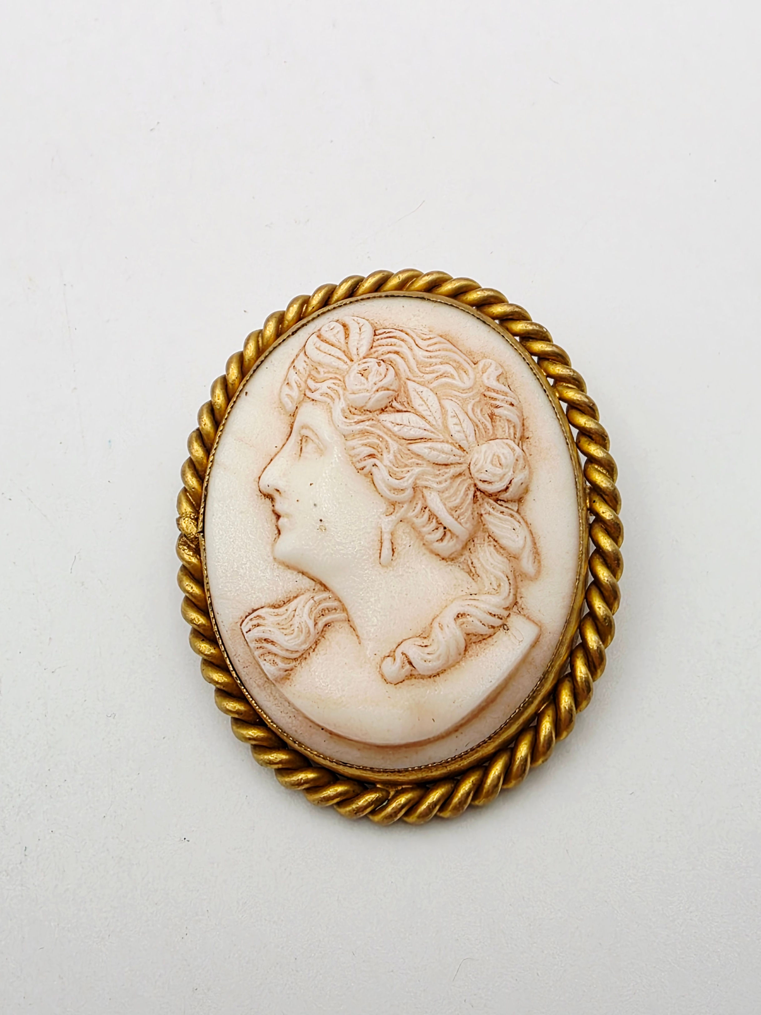 Victorian Antique Glass Cameo Brooch Lady Portrait Rope Frame 5 x 4cm