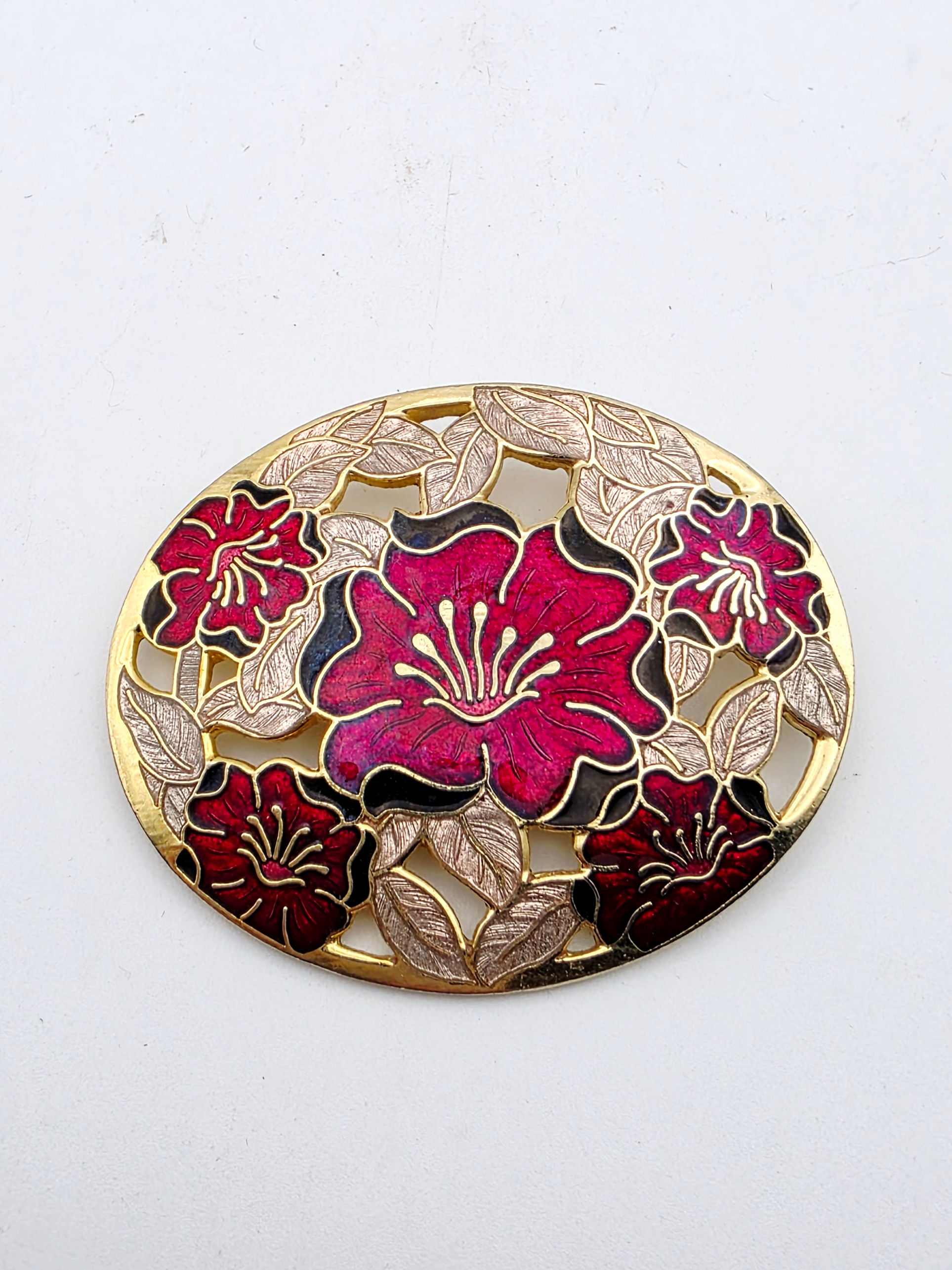 Vintage Signed Fish Gold Tone Red Floral Oval Brooch Pin Enamel 5.6cm