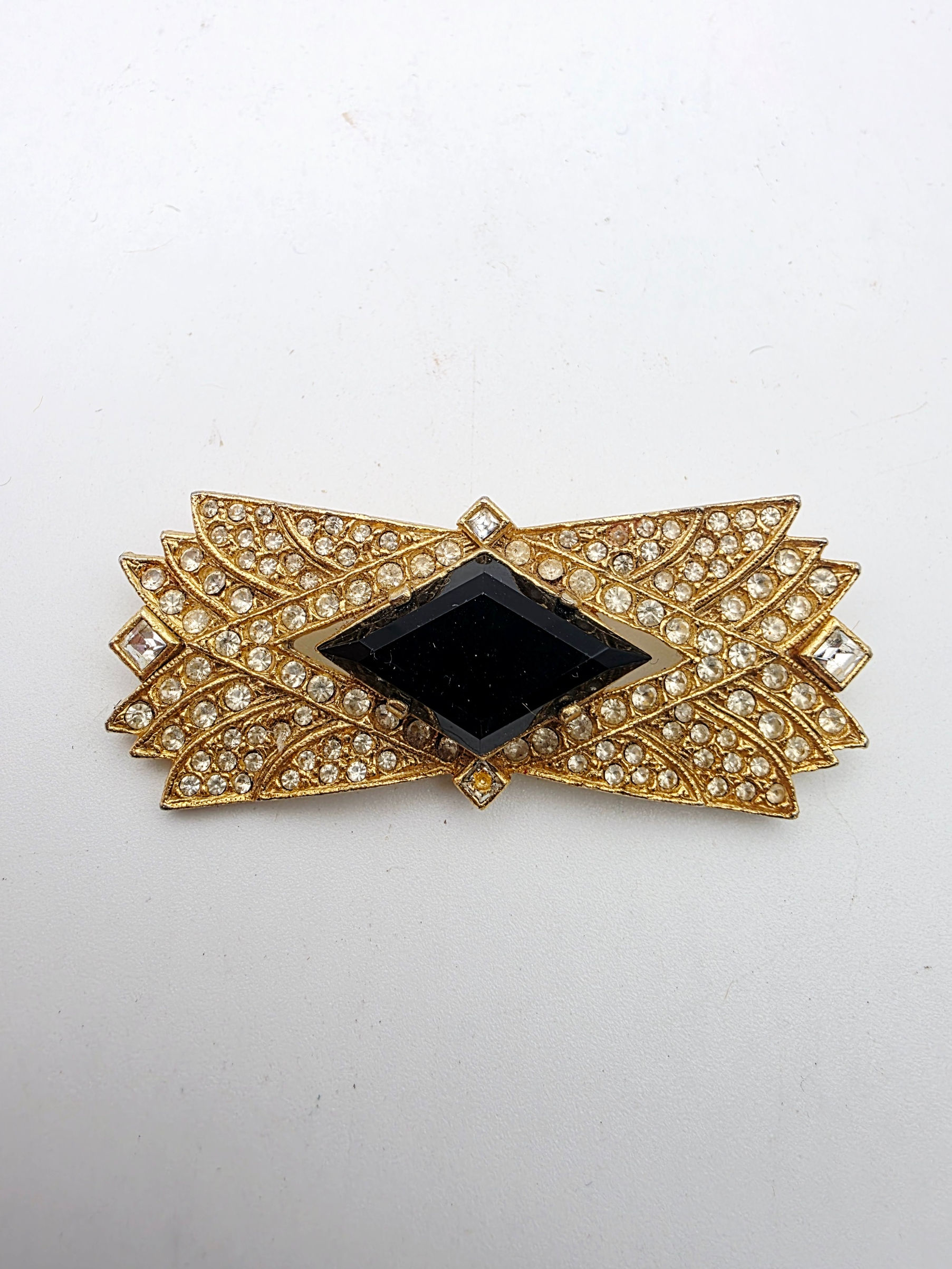 Vintage Gold Tone Black Glass Art Deco Revival Brooch Pin Geometric 6cm