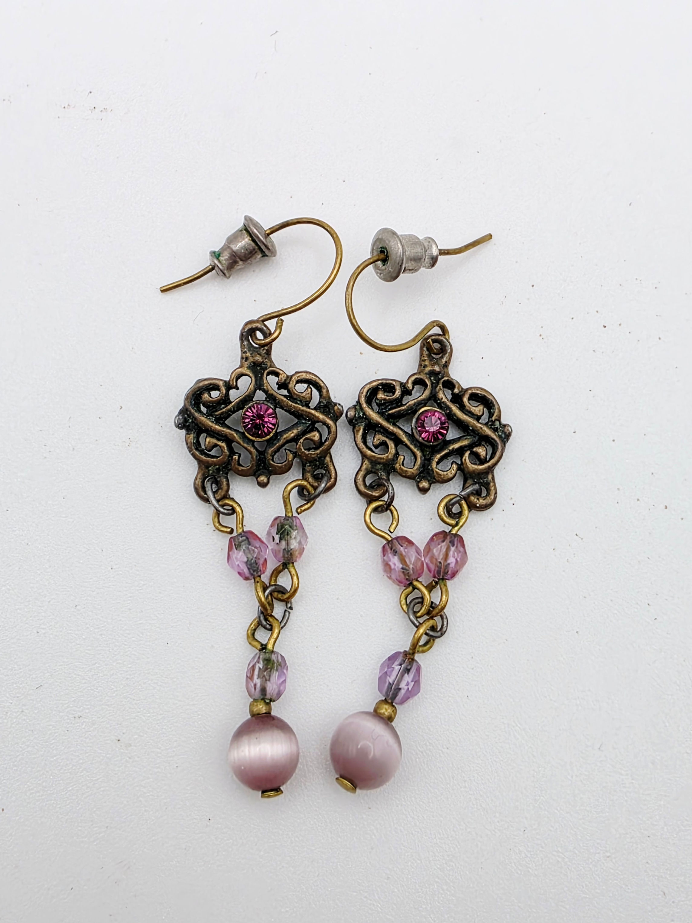 Y2K Whimsigoth Bronze Filigree Purple Rhinestone Drop Earrings Bead 5cm