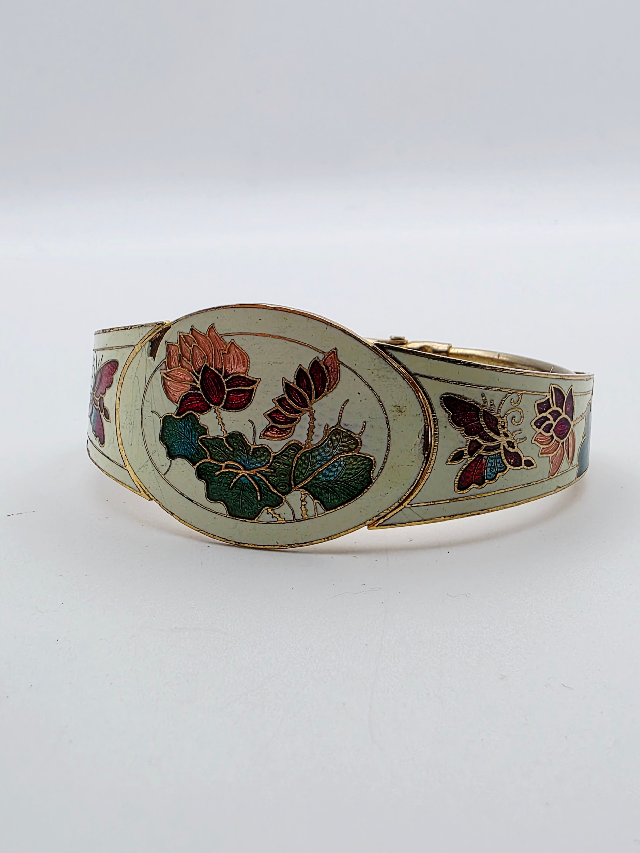 Vintage Gold Tone Cloisonné Floral Butterfly Enamel Hinged Cuff Bracelet 17cm