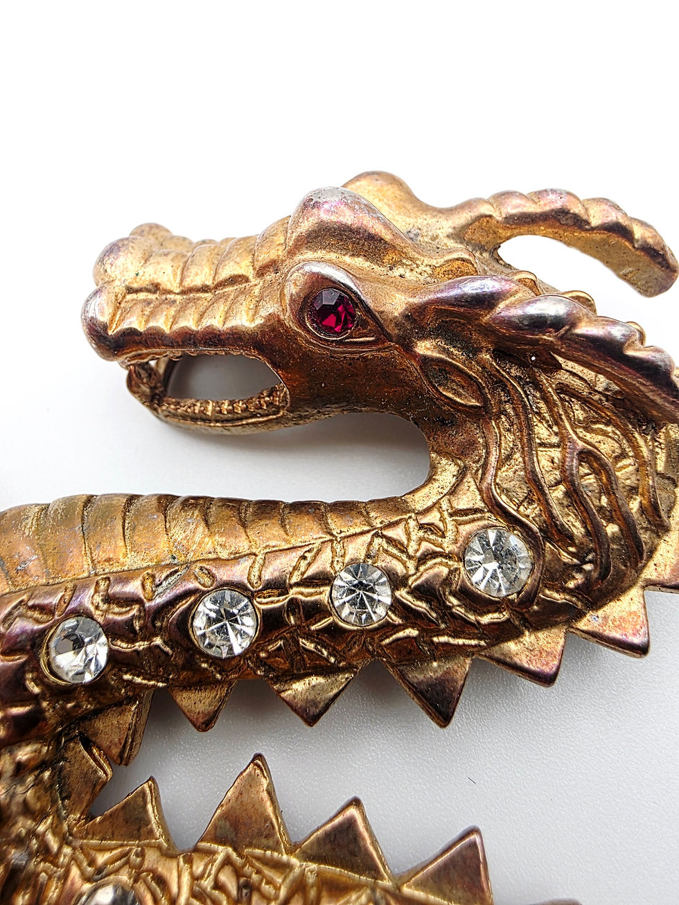 Thumbnail: Vintage Gold Tone Dragon Pendant Red Rhinestone Eye Mythical Jewellery