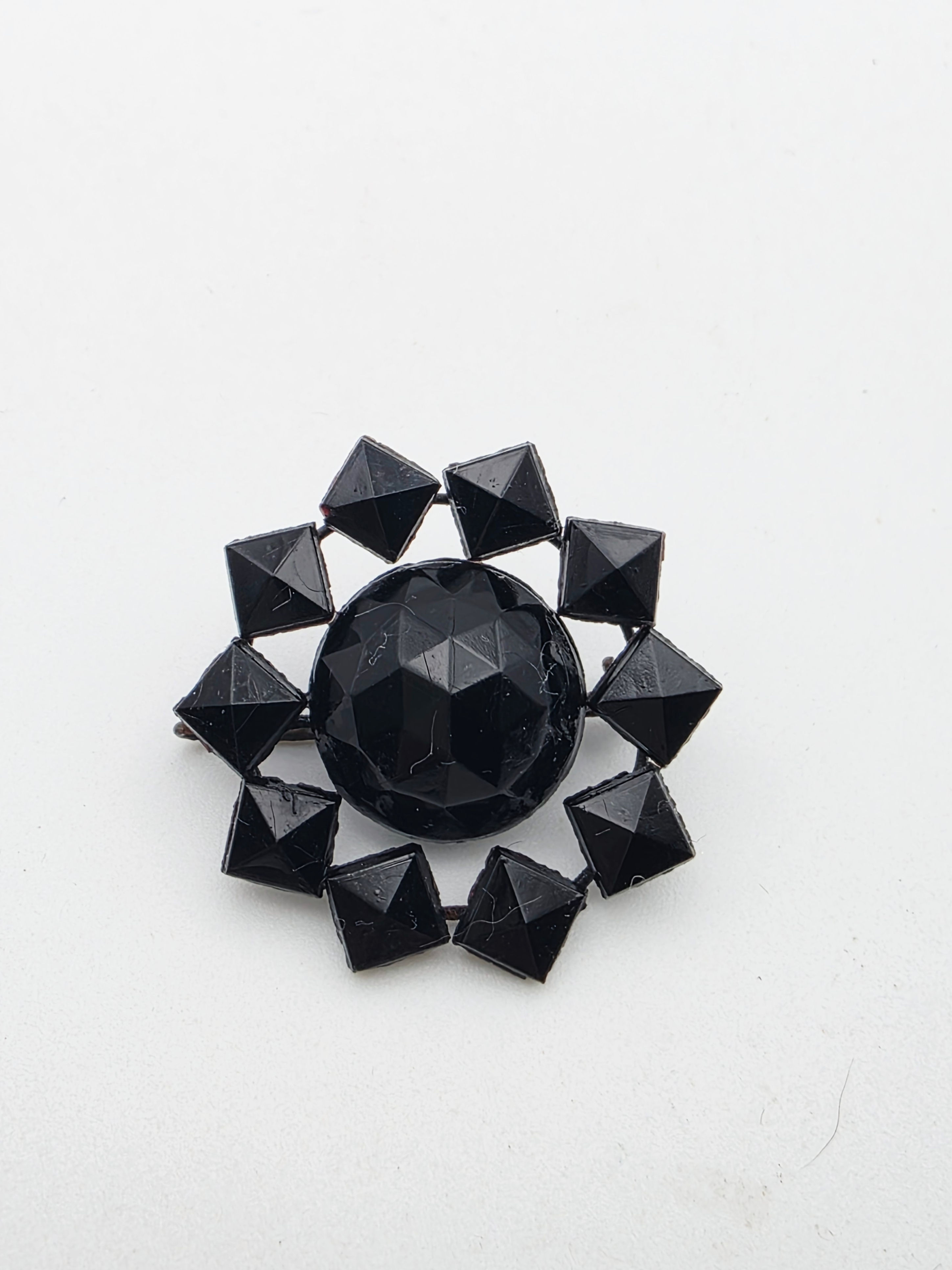 Antique C1870 Victorian French Jet Brooch Pin Black Glass Starburst Mourning 3.5