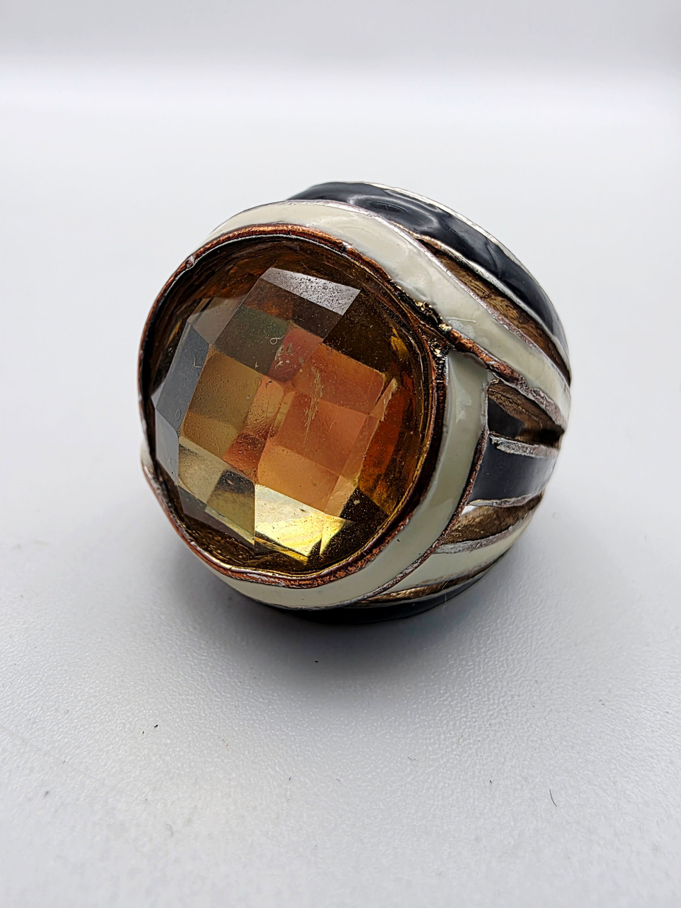 Vintage Late 1970s Black Cream Enamel Amber Glass Ring Size R Art Deco Style