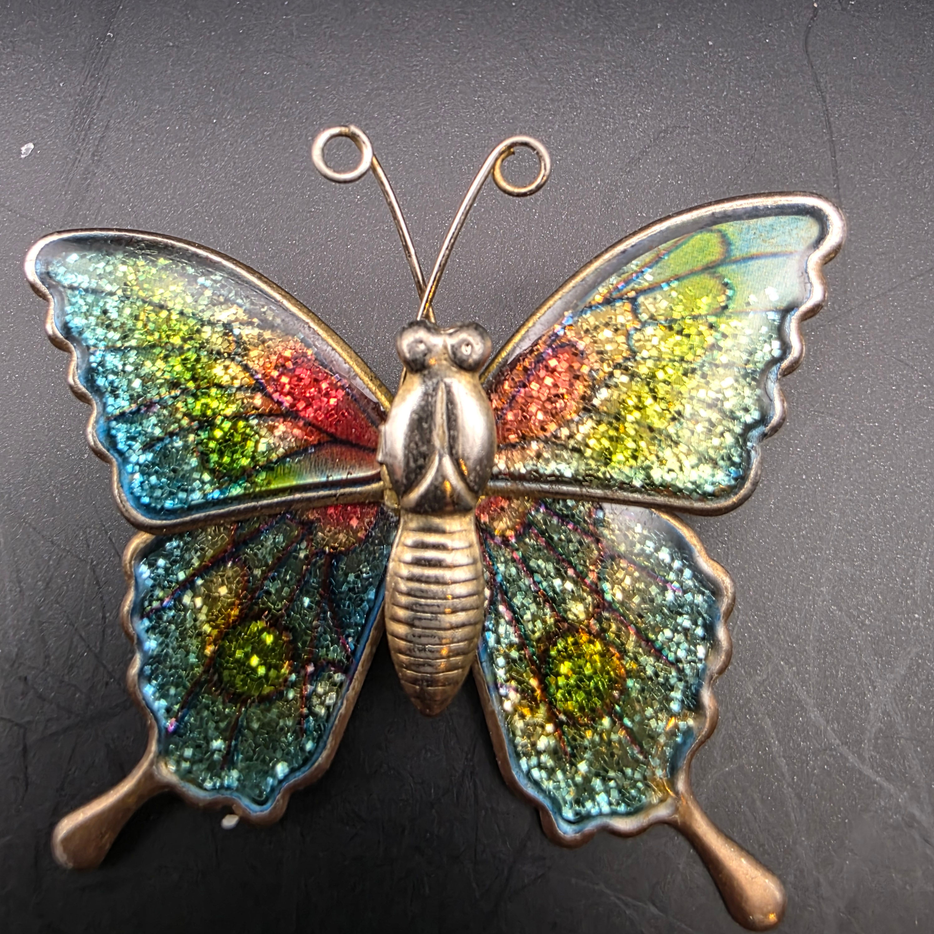 Vintage Butterfly Brooch Gold Tone with Iridescent Foil Wings