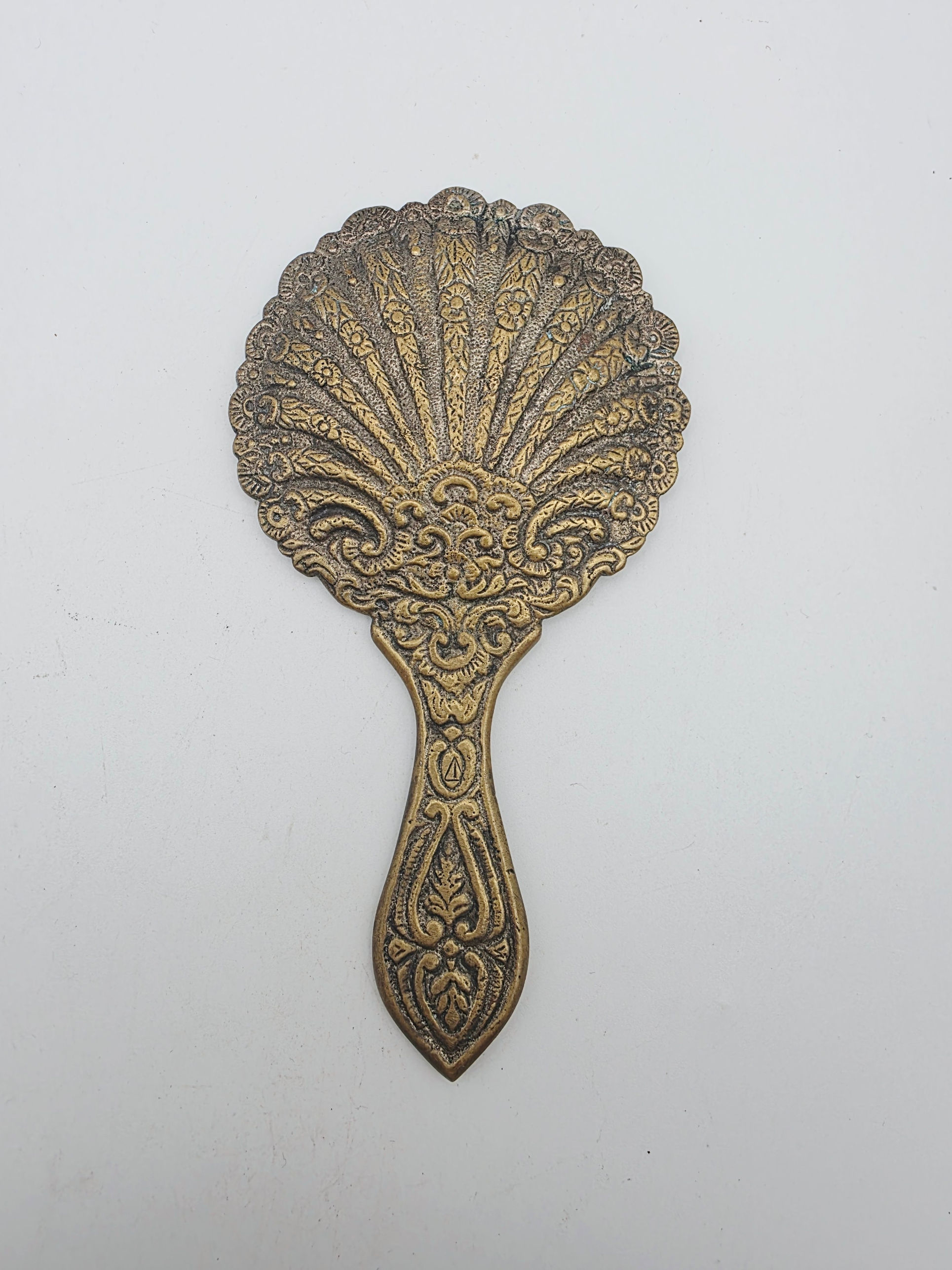 Antique Edwardian Art Nouveau Cast Brass Fan Hand Mirror Purse Mirror