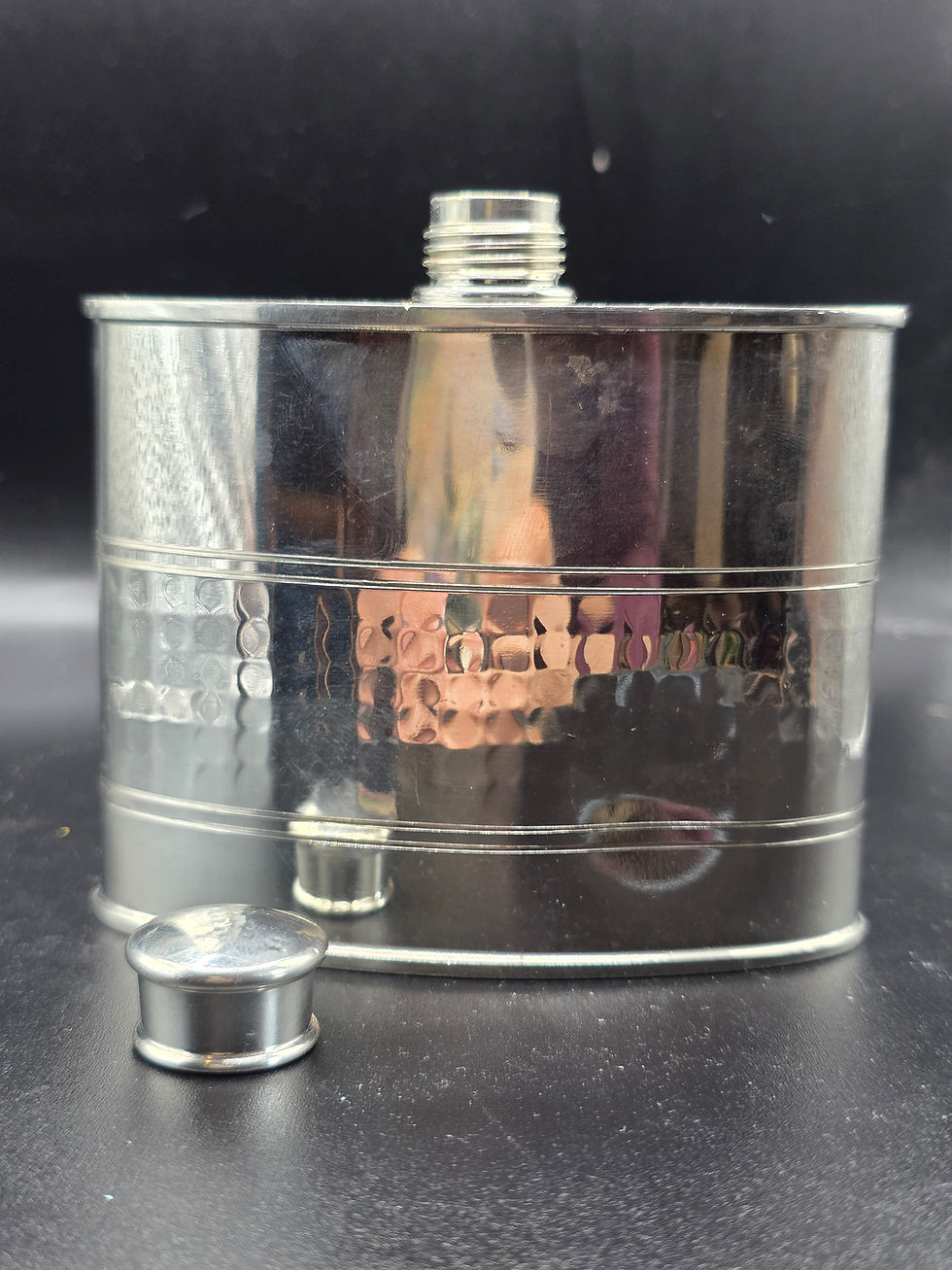 Thumbnail: Vintage Selwyn Pewter Hip Flask – Hammered Band Design Mid Century c.1960s