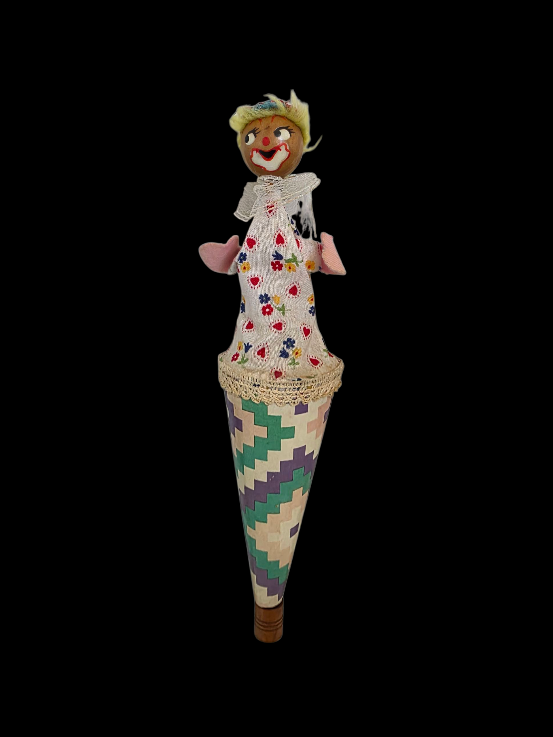 Vintage Push-Up Puppet Female Clown Wooden Rod Toy Retro Collectable Home Decor