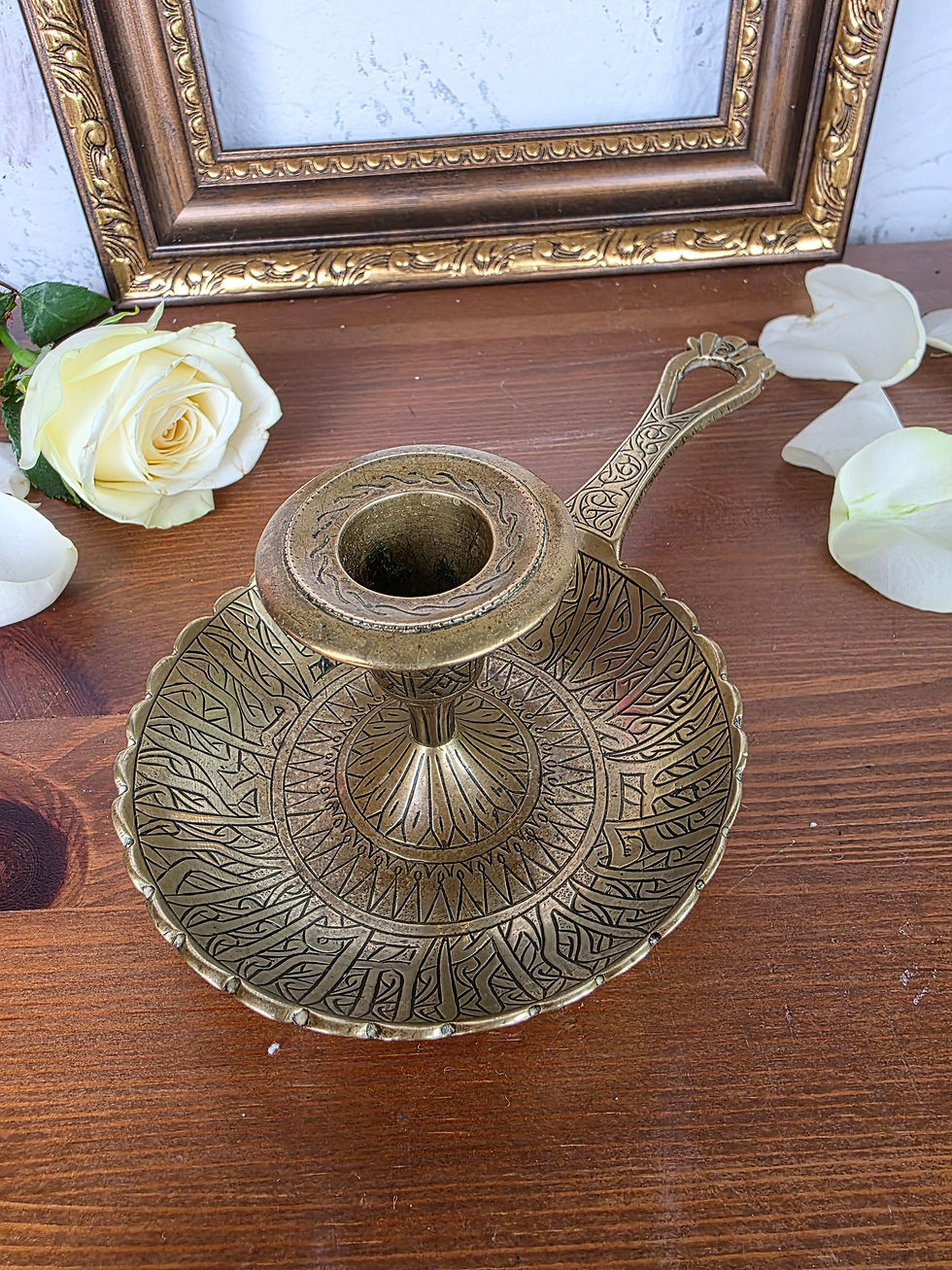 Antique Brass Chamberstick Engraved Candle Holder with Handle c1880