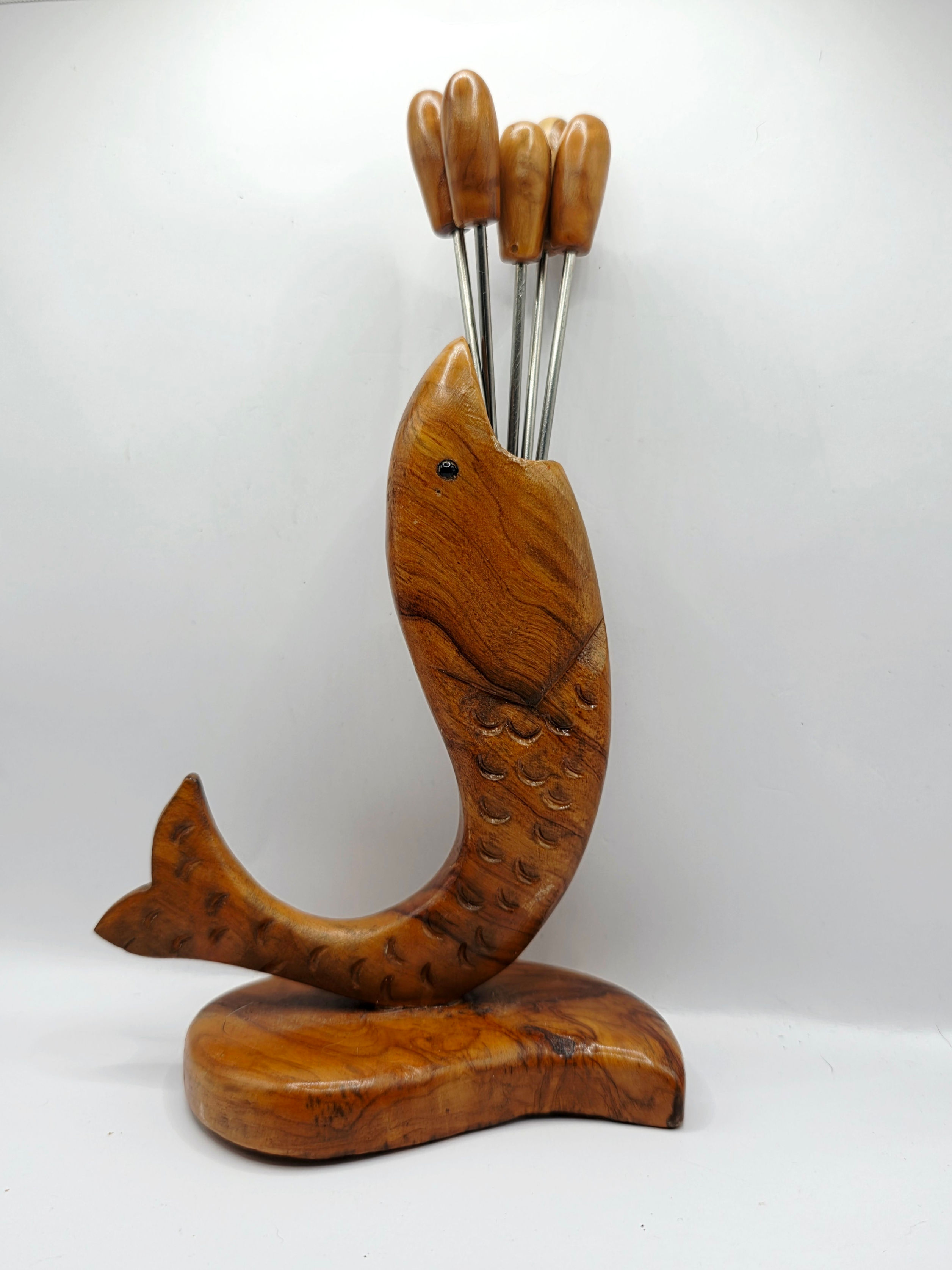 Vintage Wooden Fish Cocktail Pick Set Mid Century MCM Barware Tableware