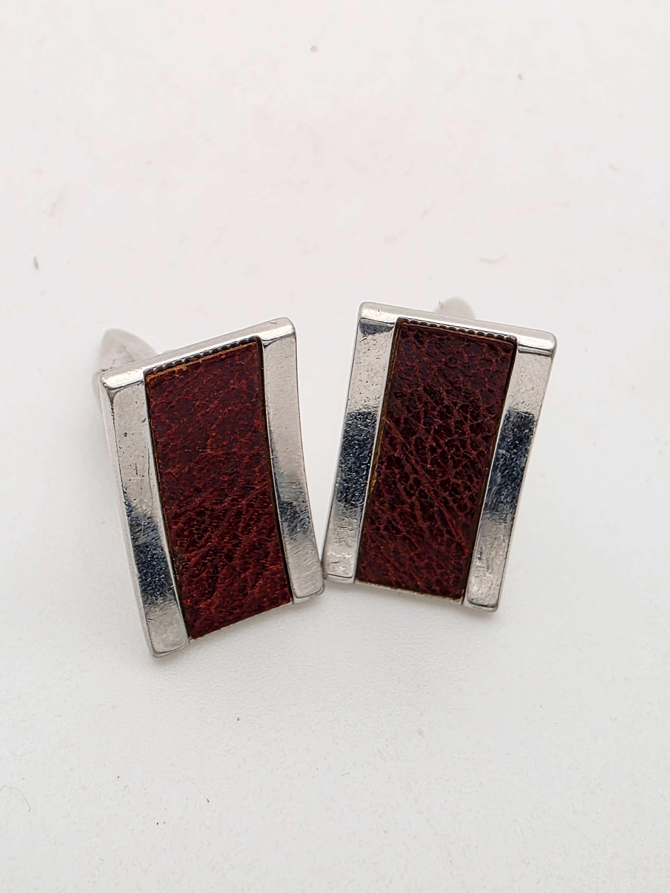Vintage Mid Century Retro Silver Leather Inset Cufflinks 1960s 1970s Menswear