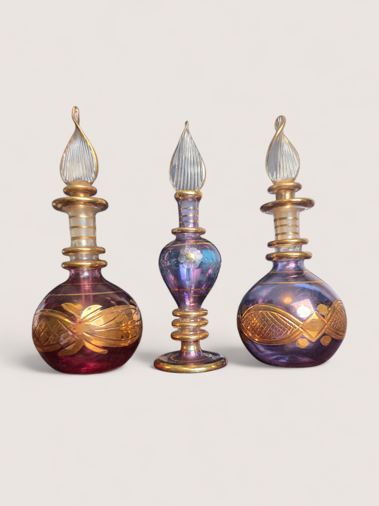 Vintage Egyptian Hand-Blown Purple Glass Perfume Bottle Set (3 Pieces)