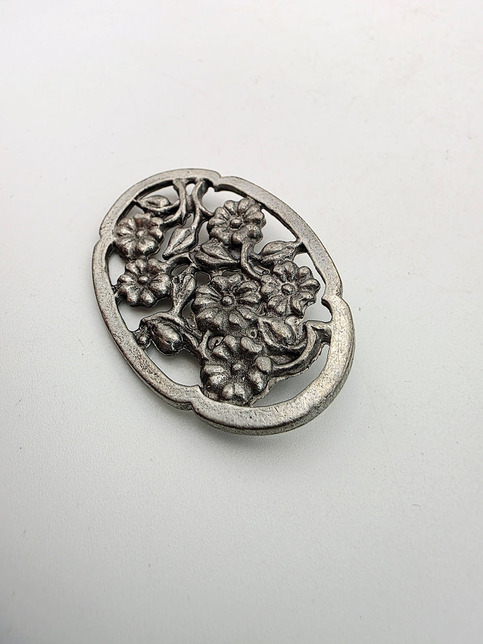 Thumbnail: Art Nouveau Vintage Pewter Floral Oval Brooch Openwork Flower Pin Badge Gift