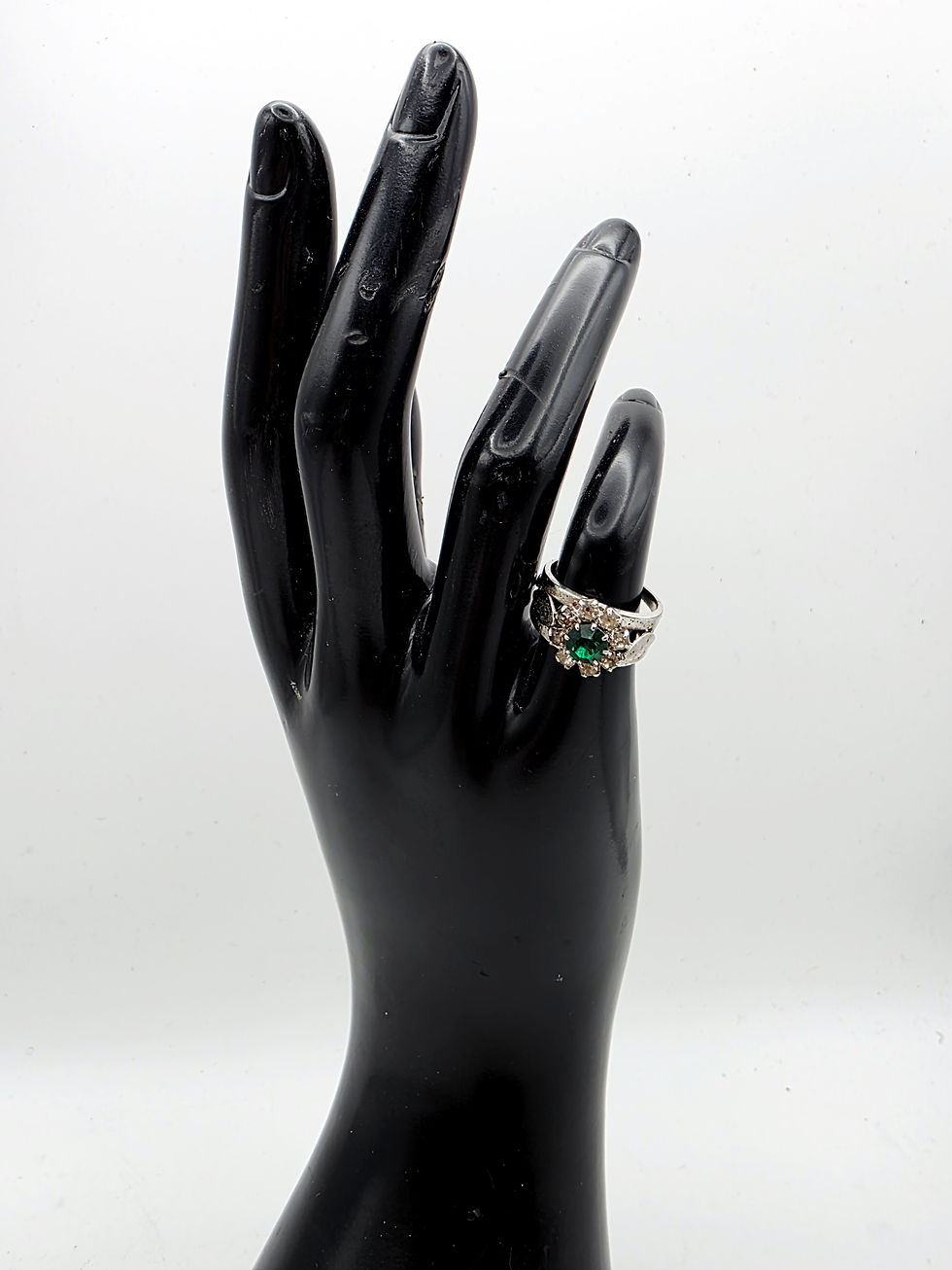 Thumbnail: Vintage Green Gemstone Cluster Ring Silver Tone Emerald Style Band UK I