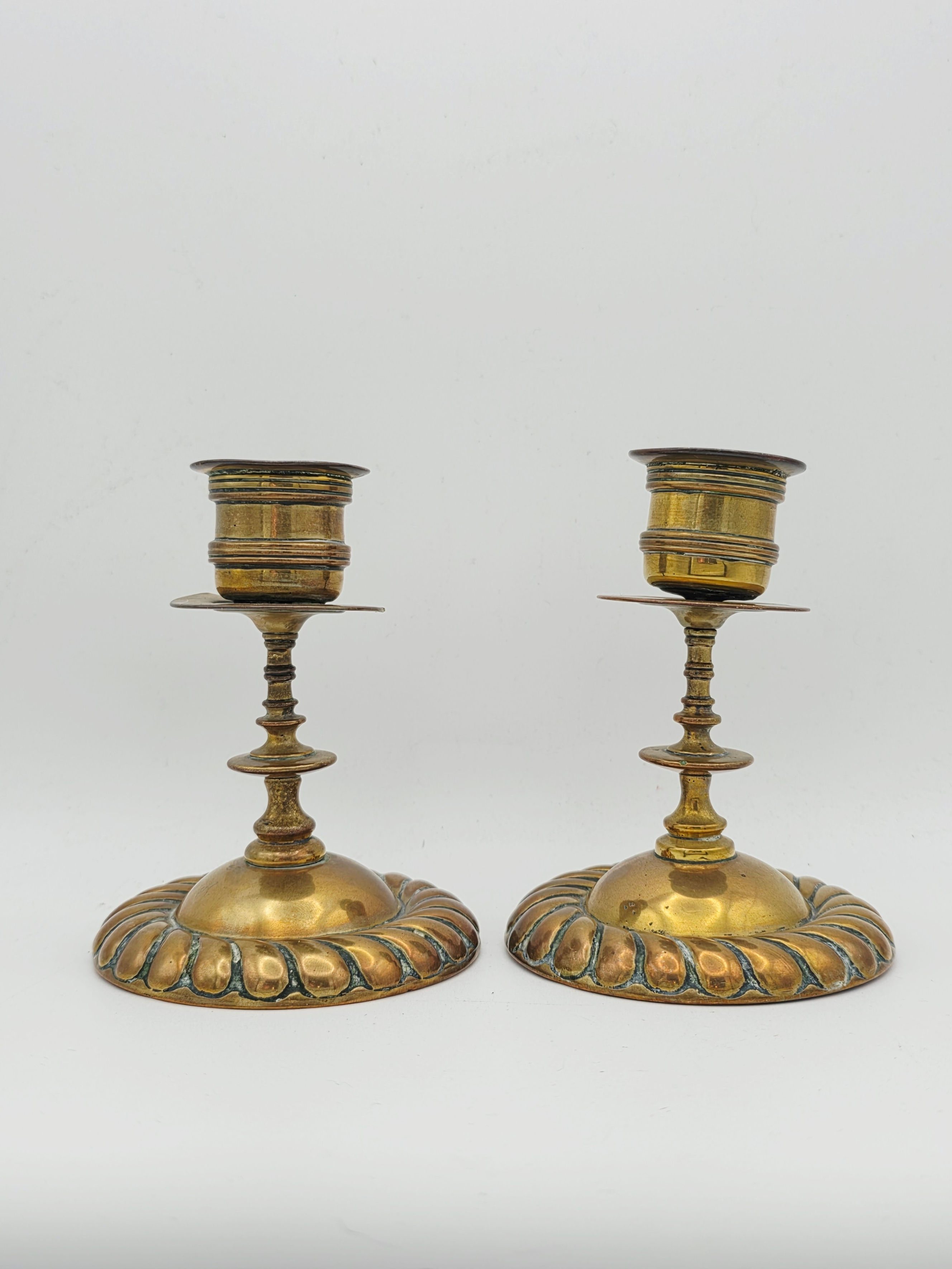 Antique Brass Candlesticks Pair Gadrooned Base Victorian Style Home Decor